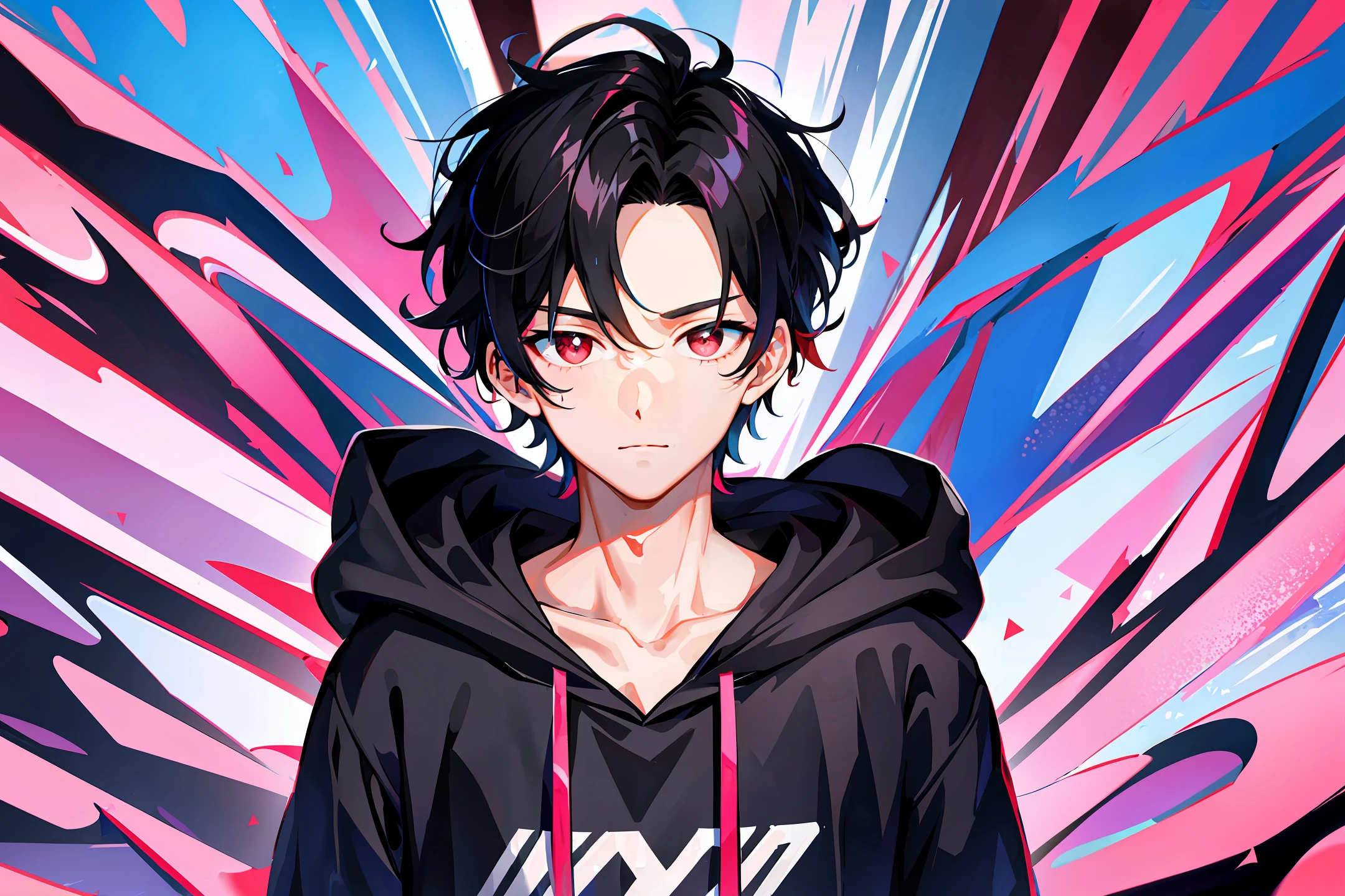 1 boy, handsome boy, black hair, comma hair, forehead comma hair, korean hair, street style, blue pink hoodie, Collor full background, shiny, Red eyes, looking at viewer, upper body