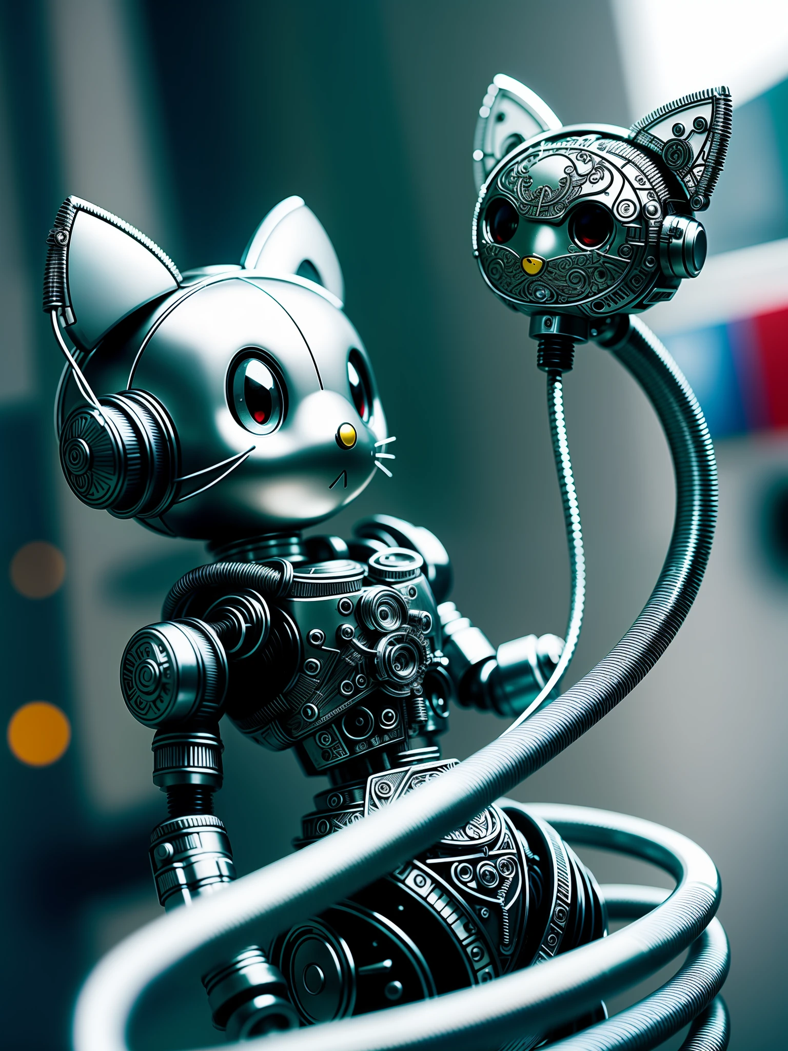 a cute hellokitty made out of metal, (cyborg:1.1), ([tail | detailed wire]:1.3), (intricate details), hdr, (intricate details, hyperdetailed:1.2), cinematic shot, vignette, centered, holding a lollipop