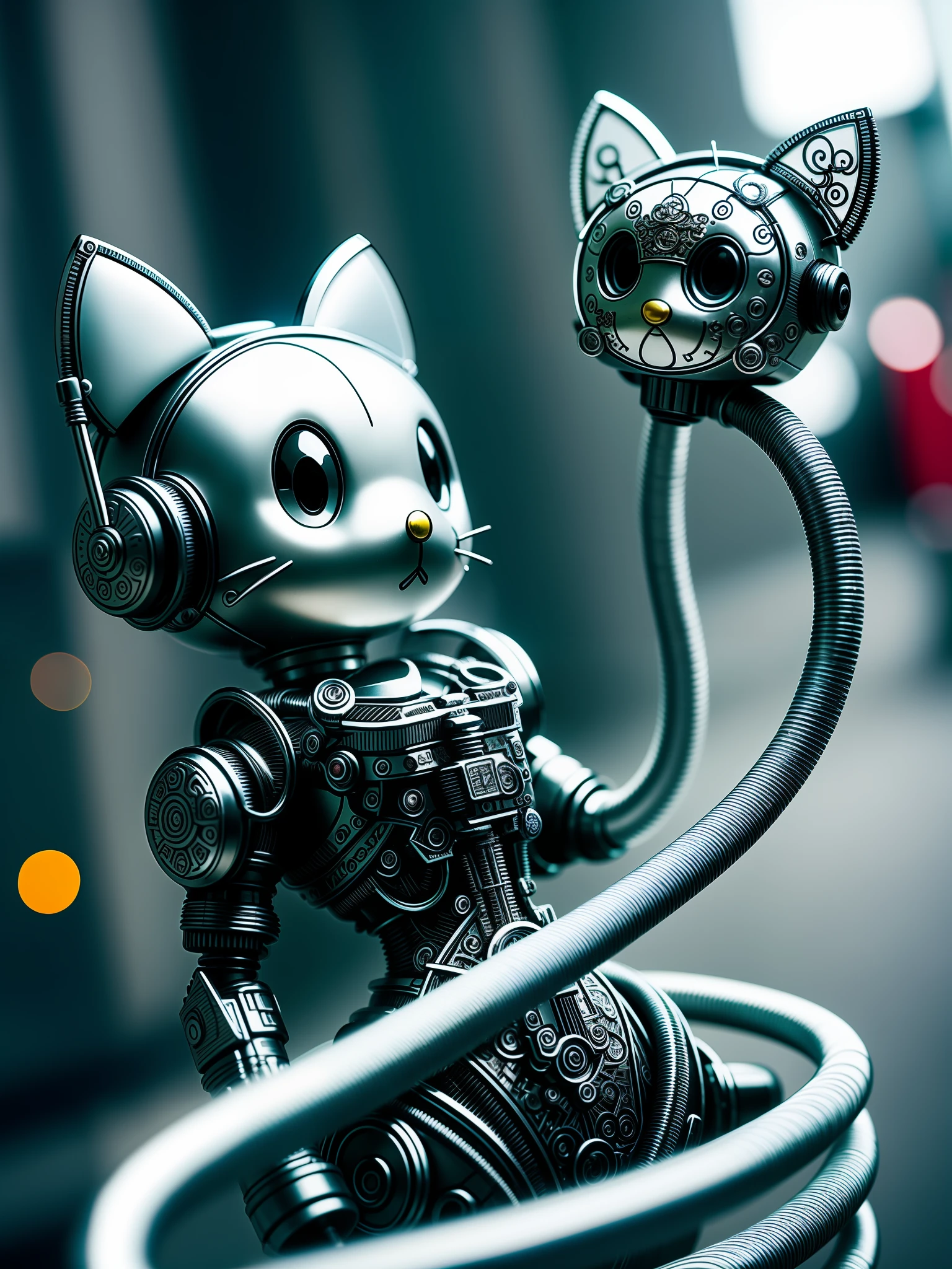 a cute hellokitty made out of metal, (cyborg:1.1), ([tail | detailed wire]:1.3), (intricate details), hdr, (intricate details, hyperdetailed:1.2), cinematic shot, vignette, centered, holding a lollipop