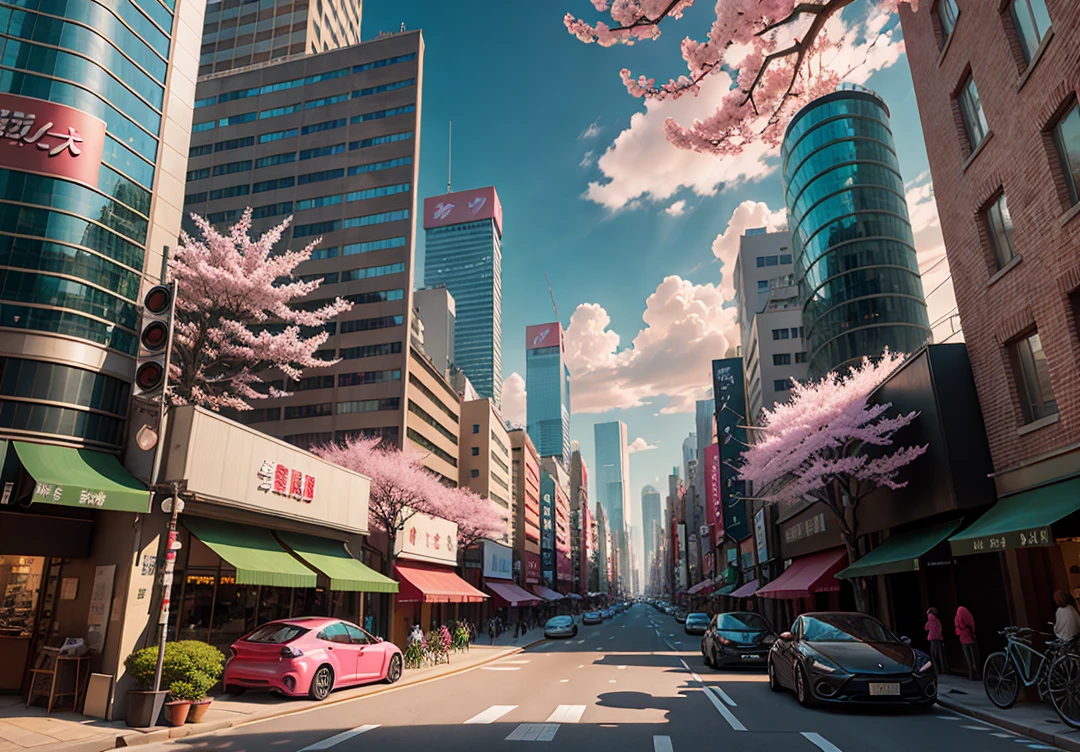 There are many pink trees in the middle of the city streets, the concept art is inspired by Cheng Yanjun, (bustling technology buildings, smart buildings, skyscrapers, lush cherry blossom trees, luxury sports cars, Tesla, supercars, amazing clouds) Breakthrough Fantasy, Masterpieces, Future Cities, CG Social Trends, Digital Art, Beautiful Cityscapes, Ross Trans. Scenery backgrounds, Spring City, anime-style cityscapes, beautiful cities, optimized vistas, exquisite digital artwork, high-definition anime scenery, passers-by dressed in fashion, and the details of characters are also very clear. Ultra realistic. extreme detail, exquisite artwork illustration, beautiful cityscape background, tokyo anime scene. Extremely detailed CG Unity 8k wallpapers, realistic 3D animation style, landscape concept art, super high resolution (realism: 1.4), aesthetics, focus, high quality, vibrant colors, award winning photography, 3D lighting and beautiful movie lighting. Rich details.