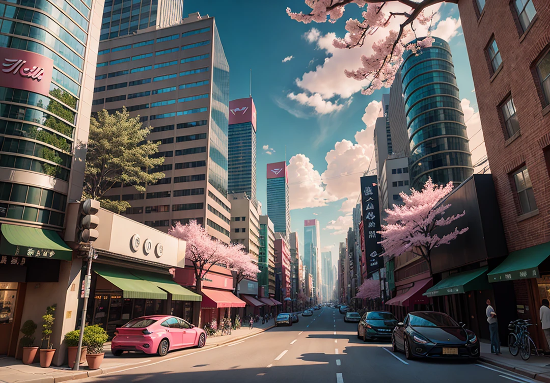 There are many pink trees in the middle of the city streets, the concept art is inspired by Cheng Yanjun, (bustling technology buildings, smart buildings, skyscrapers, lush cherry blossom trees, luxury sports cars, Tesla, supercars, amazing clouds) Breakthrough Fantasy, Masterpieces, Future Cities, CG Social Trends, Digital Art, Beautiful Cityscapes, Ross Trans. Scenery backgrounds, Spring City, anime-style cityscapes, beautiful cities, optimized vistas, exquisite digital artwork, high-definition anime scenery, passers-by dressed in fashion, and the details of characters are also very clear. Ultra realistic. extreme detail, exquisite artwork illustration, beautiful cityscape background, tokyo anime scene. Extremely detailed CG Unity 8k wallpapers, realistic 3D animation style, landscape concept art, super high resolution (realism: 1.4), aesthetics, focus, high quality, vibrant colors, award winning photography, 3D lighting and beautiful movie lighting. Rich details.