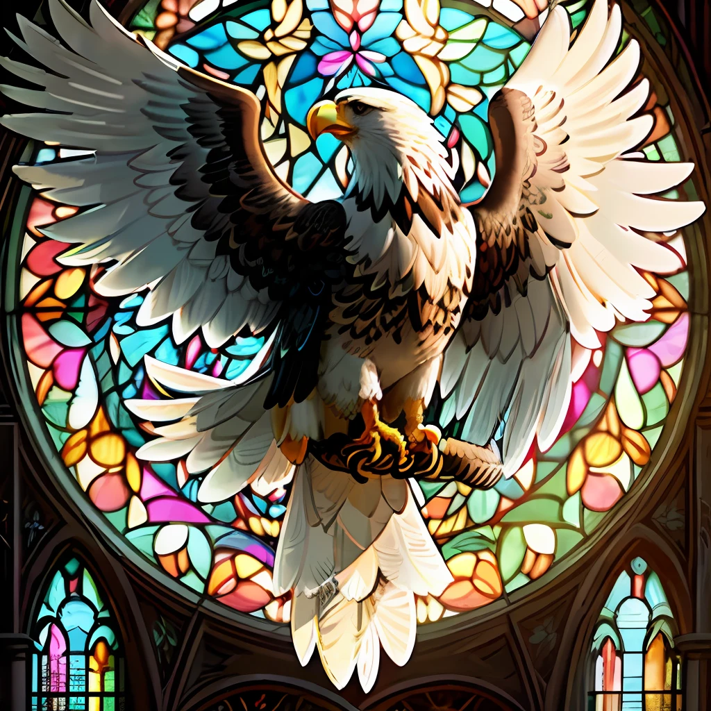 stained glass window design of a overwhelmingly beautiful eagle framed with vector flowers, long shiny wavy flowing hair, polished, ultra detailed vector floral illustration mixed with hyper realism, muted pastel colors, vector floral details in background, muted colors, hyper detailed ultra intricate overwhelming realism in detailed complex scene with magical fantasy atmosphere, no signature, no watermark