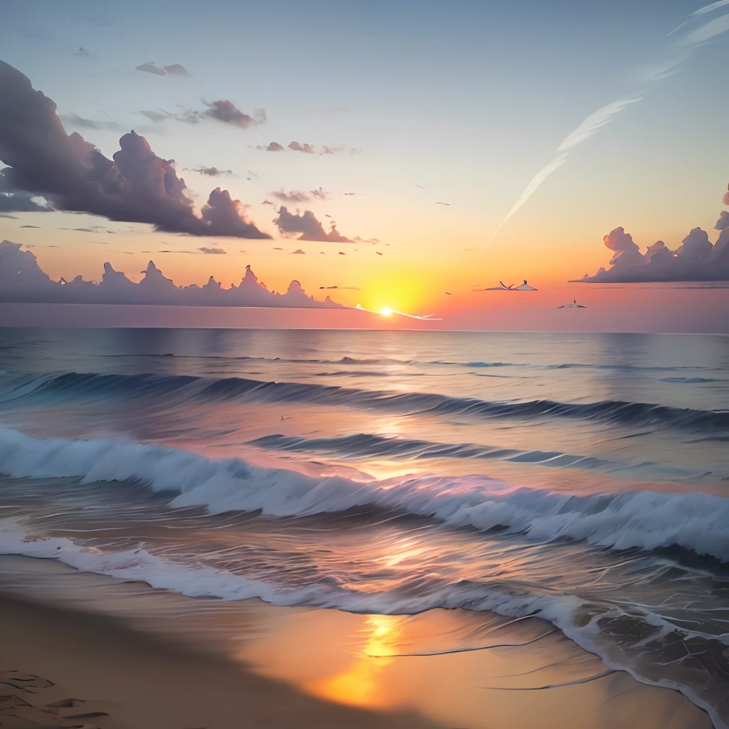 An absolutely mesmerizing sunset over the beach, with a blend of oranges, pinks, and yellows filling the sky. Crystal-clear waters of the sea gently kissing the shore, with sandy white beach stretching far and wide. The scene is dynamic and breathtaking, with seagulls soaring high in the sky and gently swaying palm trees. Take in the calming atmosphere and let the peacefulness wash over you.