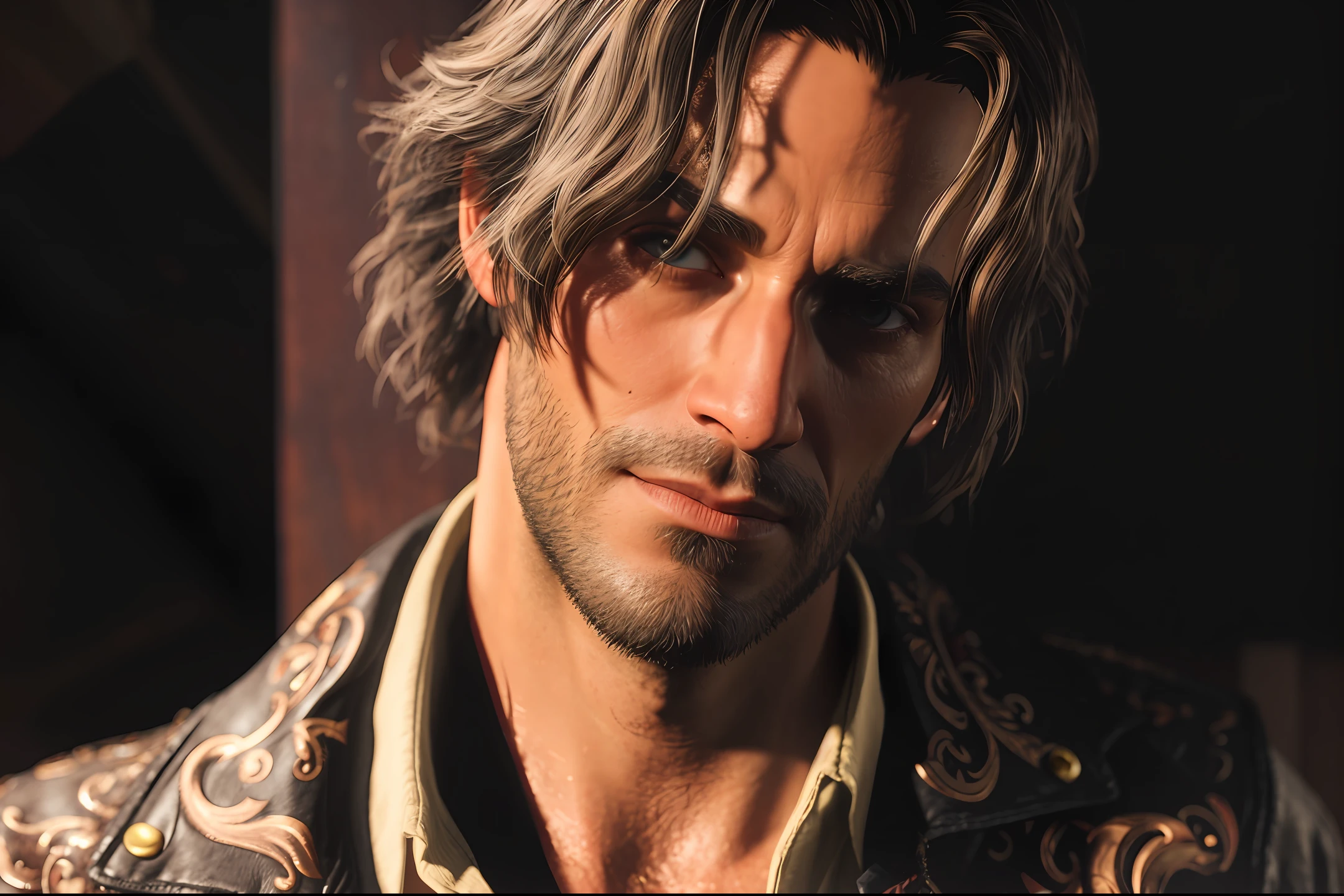 Luis Serra from Resident Evil 4 Remake, a spanish man, he is 28 years old. He has dark hair and grey eyes, short stubble. He is wearing a jacket with golden patterns. Approaching perfection, pure form, golden ratio, detailed, minimalistic, concept art, by Brian Froud and Carne Griffiths and Wadim Kashin and John William Waterhouse, intricate details, 8k post production, high resolution, hyperdetailed, trending on artstation, sharp focus, studio photo, intricate details, highly detailed, by greg rutkowski