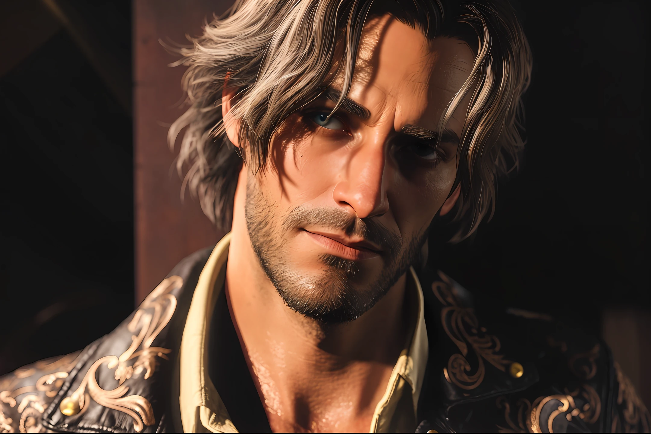 Luis Serra from Resident Evil 4 Remake, a spanish man, he is 28 years old. He has dark hair and grey eyes, short stubble. He is wearing a jacket with golden patterns. Approaching perfection, pure form, golden ratio, detailed, minimalistic, concept art, by Brian Froud and Carne Griffiths and Wadim Kashin and John William Waterhouse, intricate details, 8k post production, high resolution, hyperdetailed, trending on artstation, sharp focus, studio photo, intricate details, highly detailed, by greg rutkowski