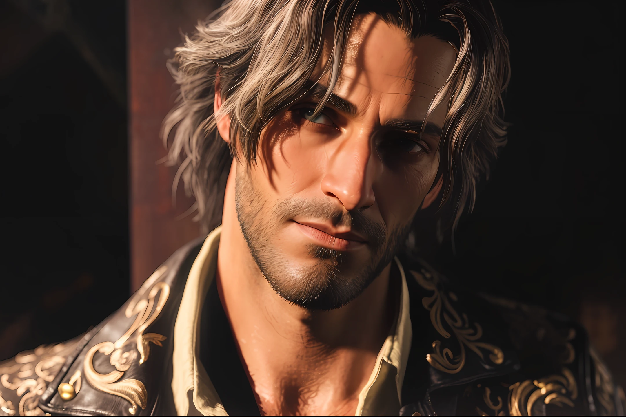Luis Serra from Resident Evil 4 Remake, a spanish man, he is 28 years old. He has dark hair and grey eyes, short stubble. He is wearing a jacket with golden patterns. Approaching perfection, pure form, golden ratio, detailed, minimalistic, concept art, by Brian Froud and Carne Griffiths and Wadim Kashin and John William Waterhouse, intricate details, 8k post production, high resolution, hyperdetailed, trending on artstation, sharp focus, studio photo, intricate details, highly detailed, by greg rutkowski