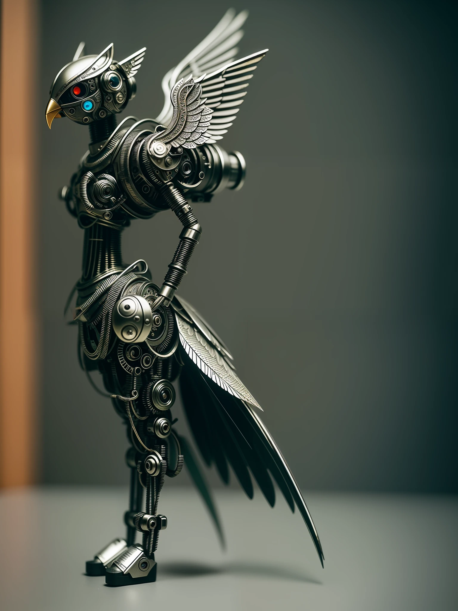 a cute angelbird made out of metal, (cyborg:1.1), ([tail | detailed wire]:1.3), (intricate details), hdr, (intricate details, hyperdetailed:1.2), cinematic shot, vignette, centered