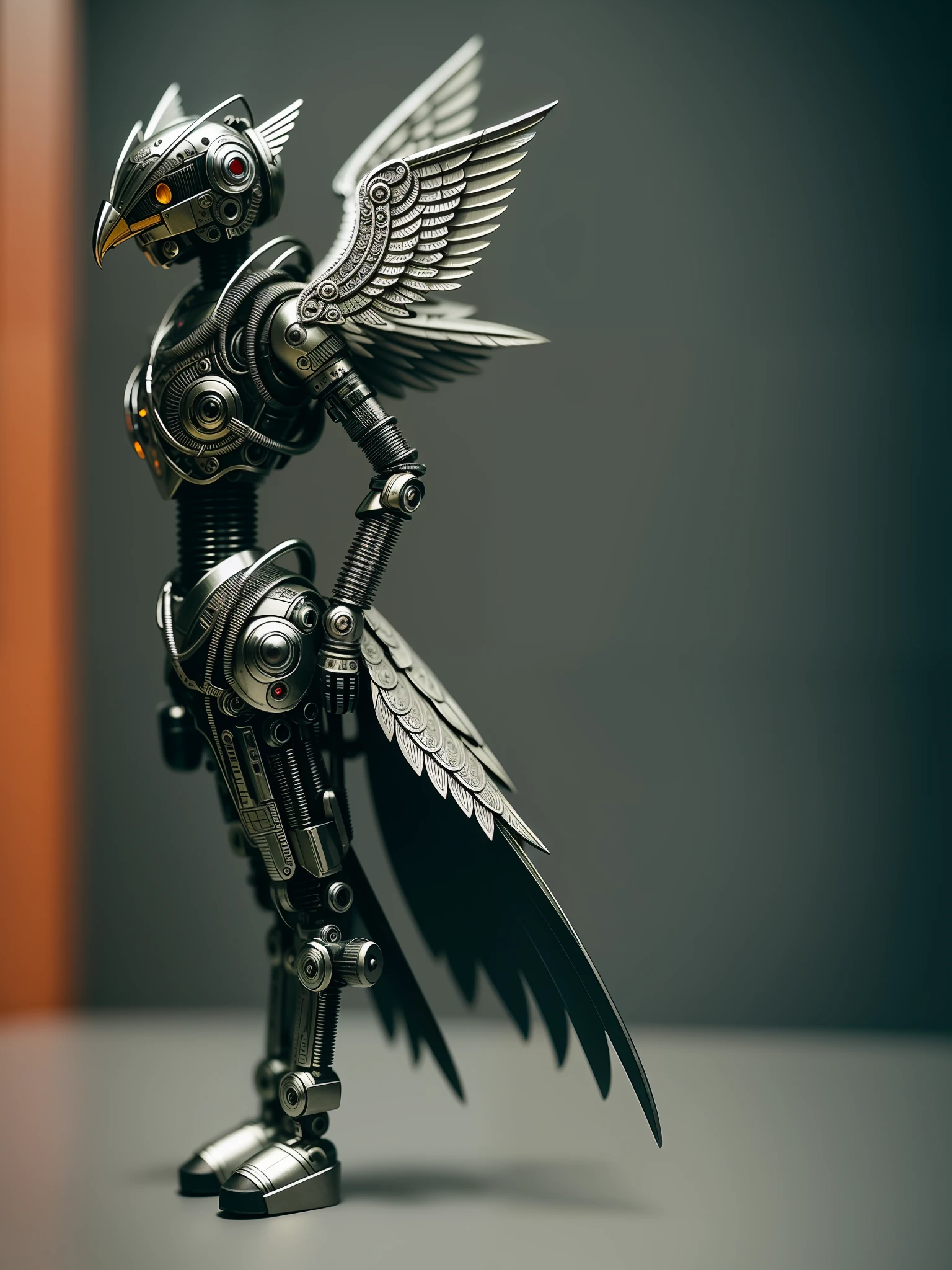 a cute angelbird made out of metal, (cyborg:1.1), ([tail | detailed wire]:1.3), (intricate details), hdr, (intricate details, hyperdetailed:1.2), cinematic shot, vignette, centered