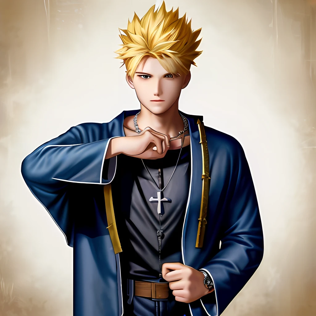 Gun/priest/blond short hair/male/youth/black robe/denim/necklace
