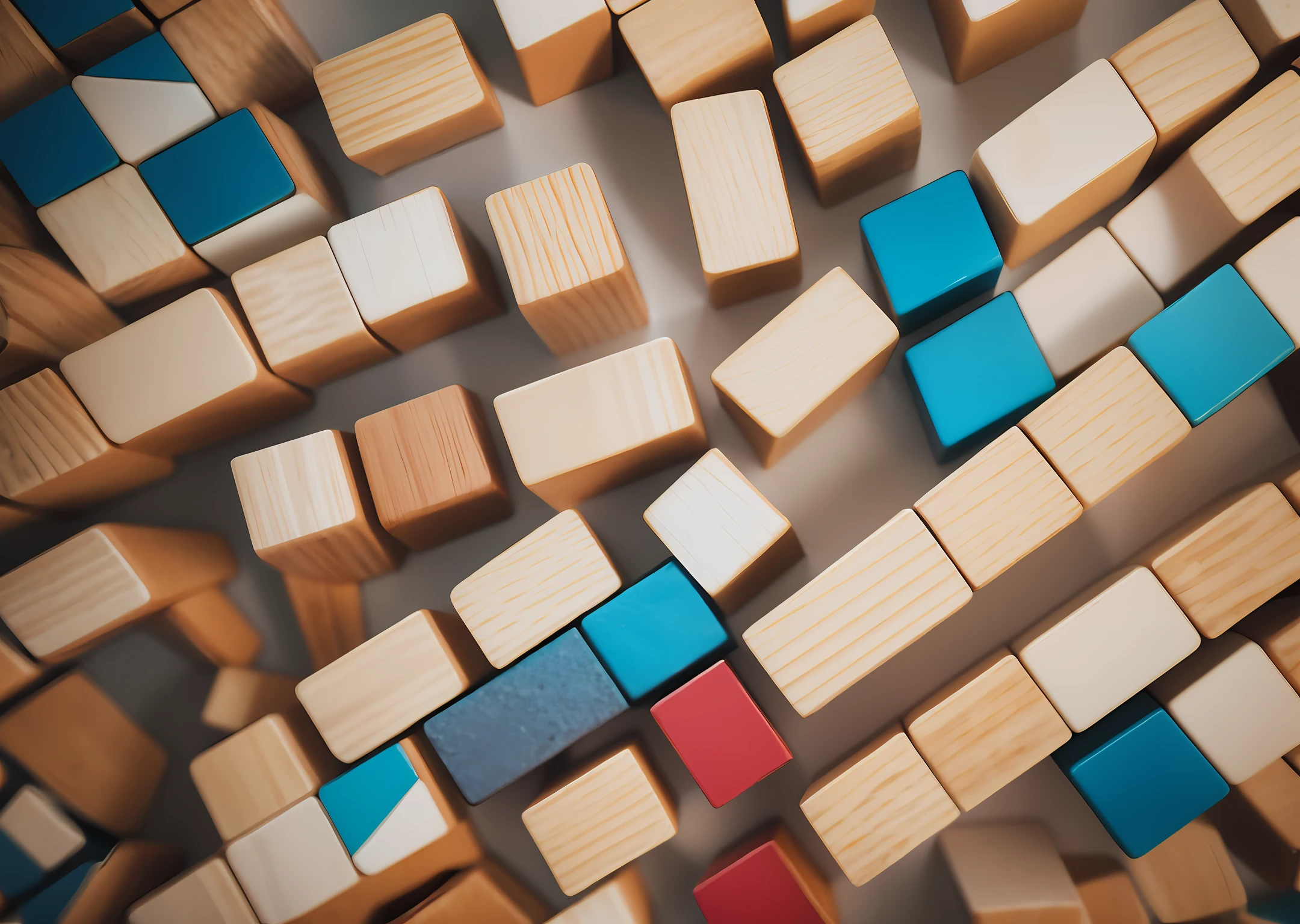 Mosaic of colored wooden blocks, white background, natural lighting, photography 400 ISO film grain 30mm lens RAW aperture f1.8, art photographer