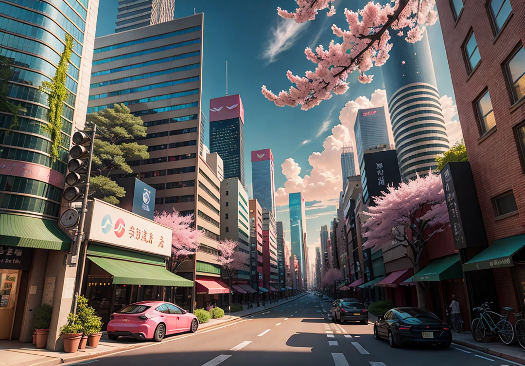 There are many pink trees in the middle of the city streets, the concept art is inspired by Cheng Yanjun, (bustling technology buildings, smart buildings, skyscrapers, lush cherry blossom trees, luxury sports cars, Tesla, supercars, amazing clouds) Breakthrough Fantasy, Masterpieces, Future Cities, CG Social Trends, Digital Art, Beautiful Cityscapes, Ross Trans. Scenery backgrounds, Spring City, anime-style cityscapes, beautiful cities, optimized vistas, exquisite digital artwork, high-definition anime scenery, passers-by dressed in fashion, and the details of characters are also very clear. Ultra realistic. extreme detail, exquisite artwork illustration, beautiful cityscape background, tokyo anime scene. Extremely detailed CG Unity 8k wallpapers, realistic 3D animation style, landscape concept art, super high resolution (realism: 1.4), aesthetics, focus, high quality, vibrant colors, award winning photography, 3D lighting and beautiful movie lighting. Rich details.