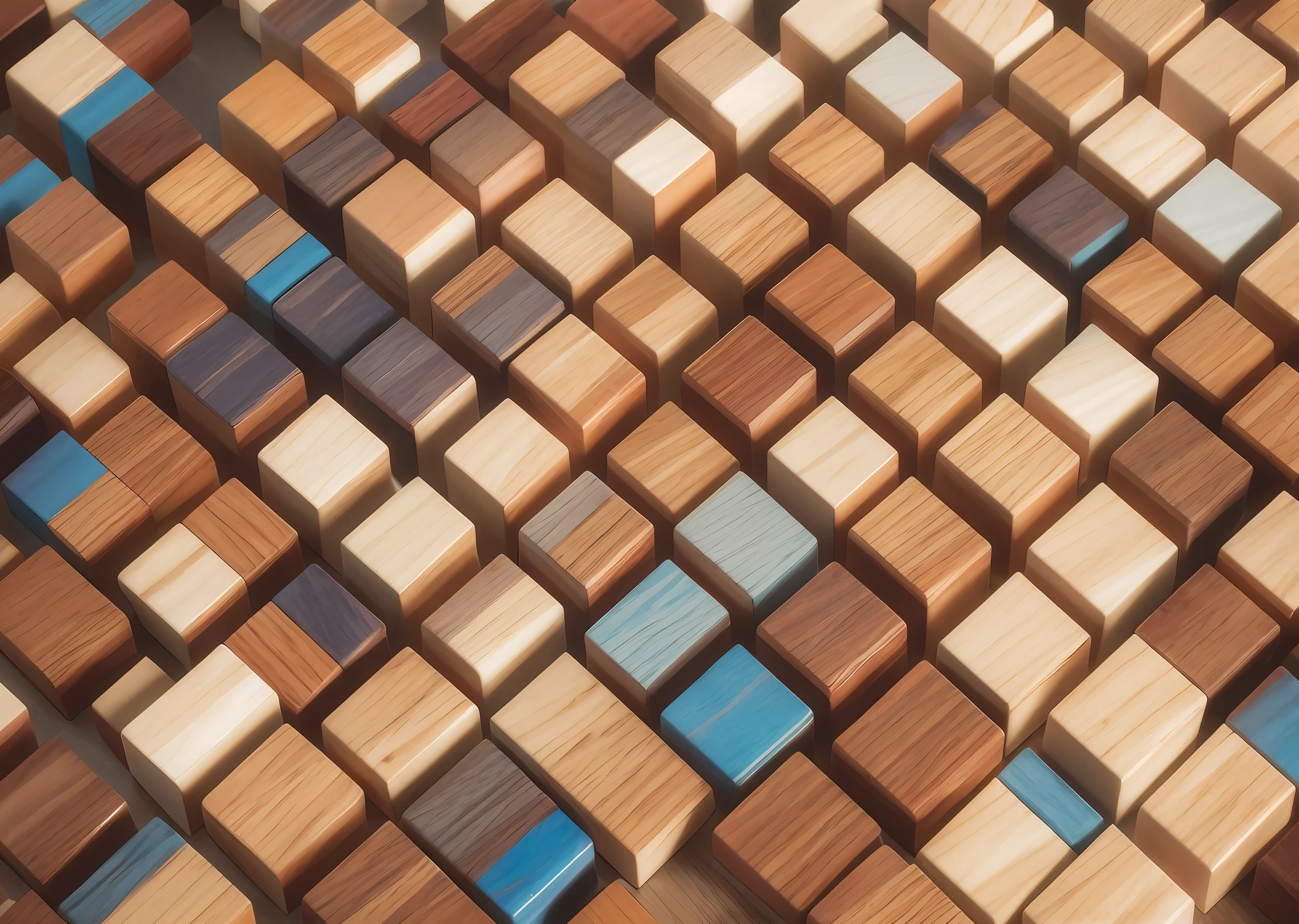 Mosaic of colored wooden blocks, white background, aerial shot, natural lighting, photography 400 ISO film grain 30mm lens RAW aperture f1.8, art photographer
