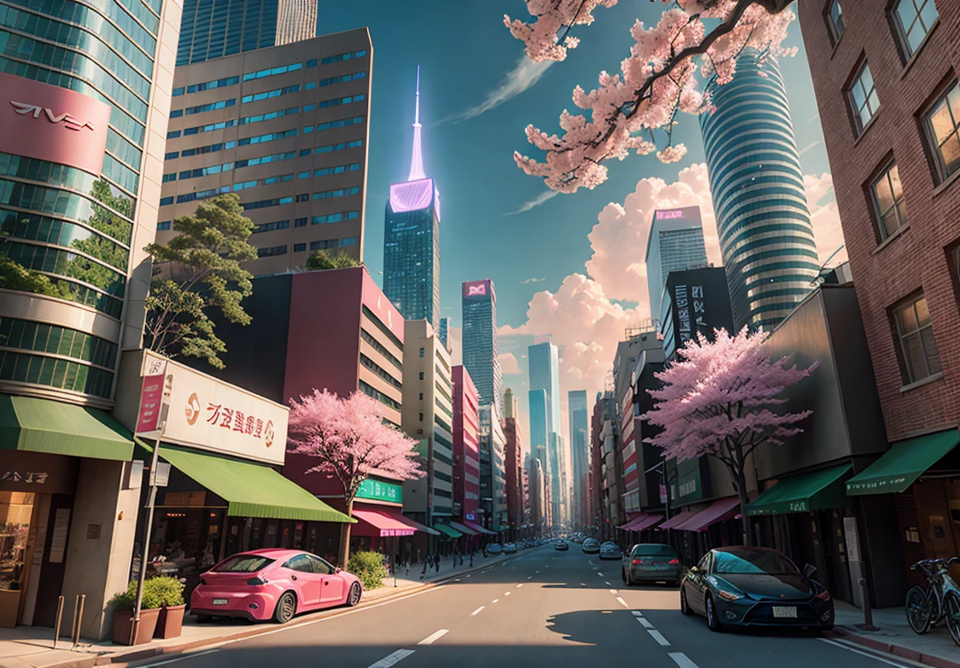 There are many pink trees in the middle of the city streets, the concept art is inspired by Cheng Yanjun, (bustling technology buildings, smart buildings, skyscrapers, lush cherry blossom trees, luxury sports cars, Tesla, supercars, amazing clouds) Breakthrough Fantasy, Masterpieces, Future Cities, CG Social Trends, Digital Art, Beautiful Cityscapes, Ross Trans. Scenery backgrounds, Spring City, anime-style cityscapes, beautiful cities, optimized vistas, exquisite digital artwork, high-definition anime scenery, passers-by dressed in fashion, and the details of characters are also very clear. Ultra realistic. extreme detail, exquisite artwork illustration, beautiful cityscape background, tokyo anime scene. Extremely detailed CG Unity 8k wallpapers, realistic 3D animation style, landscape concept art, super high resolution (realism: 1.4), aesthetics, focus, high quality, vibrant colors, award winning photography, 3D lighting and beautiful movie lighting. Rich details.