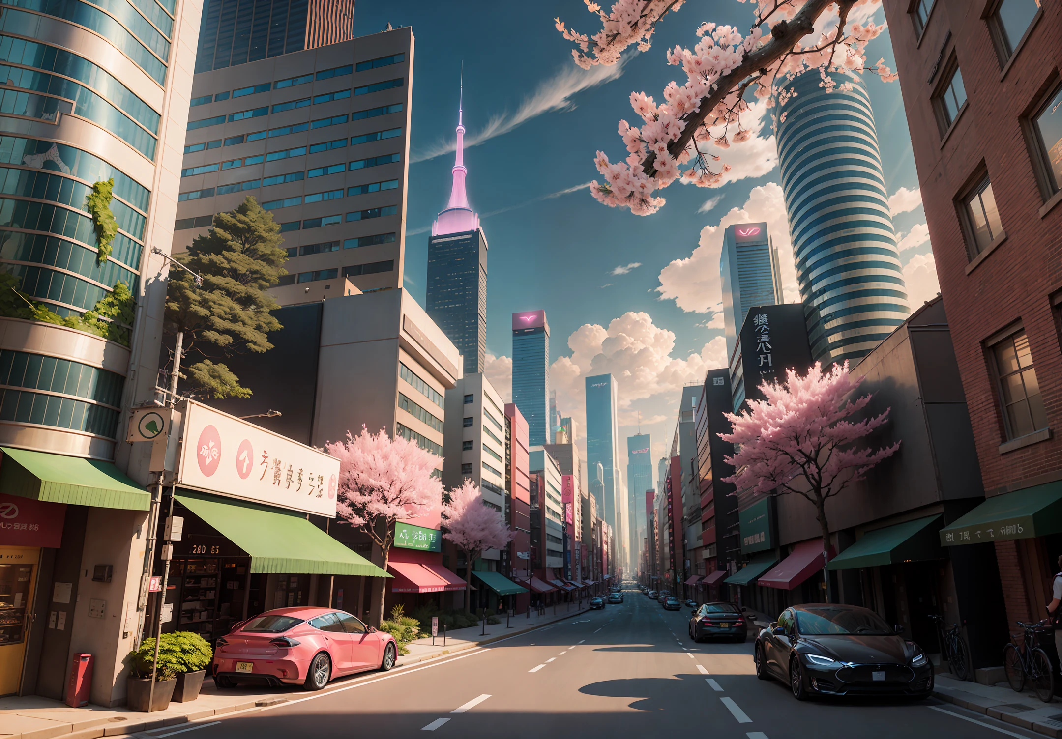 There are many pink trees in the middle of the city streets, the concept art is inspired by Cheng Yanjun, (bustling technology buildings, smart buildings, skyscrapers, lush cherry blossom trees, luxury sports cars, Tesla, supercars, amazing clouds) Breakthrough Fantasy, Masterpieces, Future Cities, CG Social Trends, Digital Art, Beautiful Cityscapes, Ross Trans. Scenery backgrounds, Spring City, anime-style cityscapes, beautiful cities, optimized vistas, exquisite digital artwork, high-definition anime scenery, passers-by dressed in fashion, and the details of characters are also very clear. Ultra realistic. extreme detail, exquisite artwork illustration, beautiful cityscape background, tokyo anime scene. Extremely detailed CG Unity 8k wallpapers, realistic 3D animation style, landscape concept art, super high resolution (realism: 1.4), aesthetics, focus, high quality, vibrant colors, award winning photography, 3D lighting and beautiful movie lighting. Rich details.