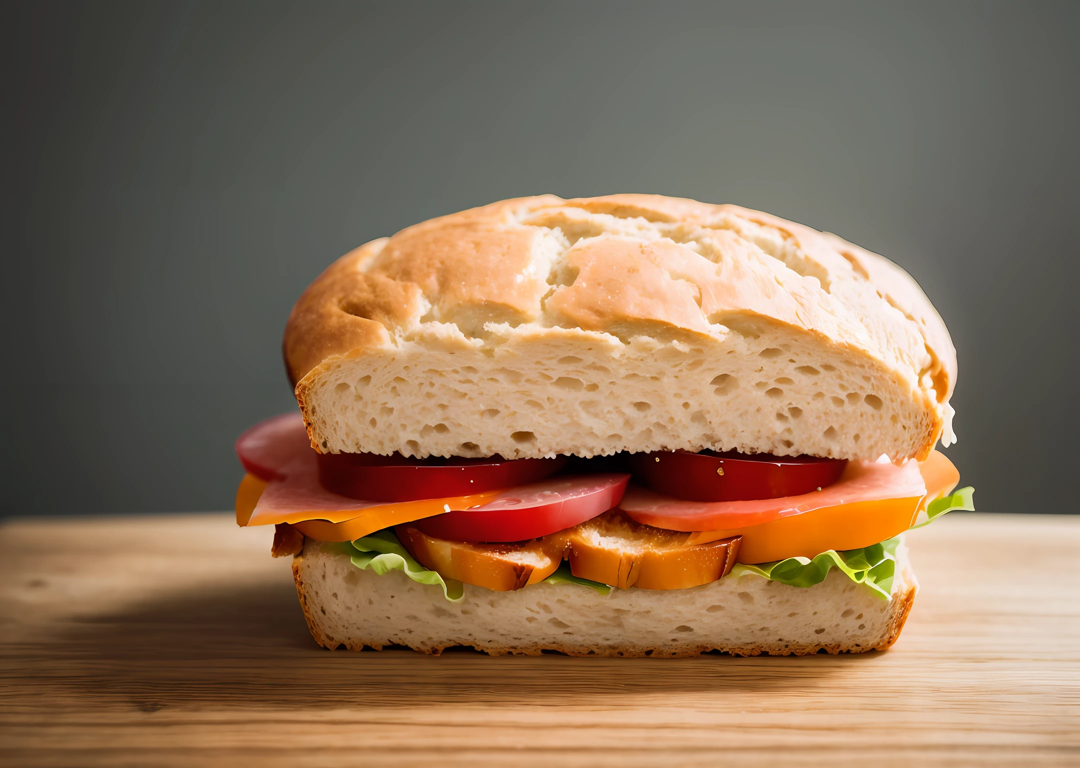 Classic sandwich bread top white, on wood table , natural lighting, photography 400 ISO film grain 30mm lens RAW aperture f1.8, art photographer