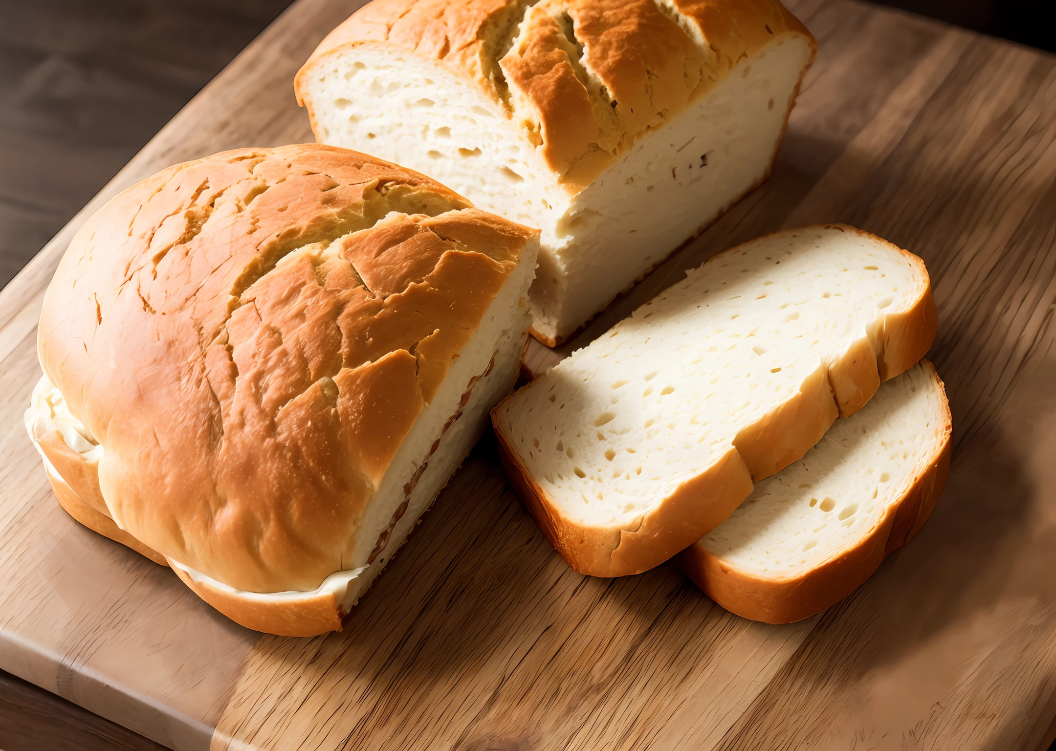 Classic sandwich bread top white, on wood table , natural lighting, photography 400 ISO film grain 30mm lens RAW aperture f1.8, art photographer