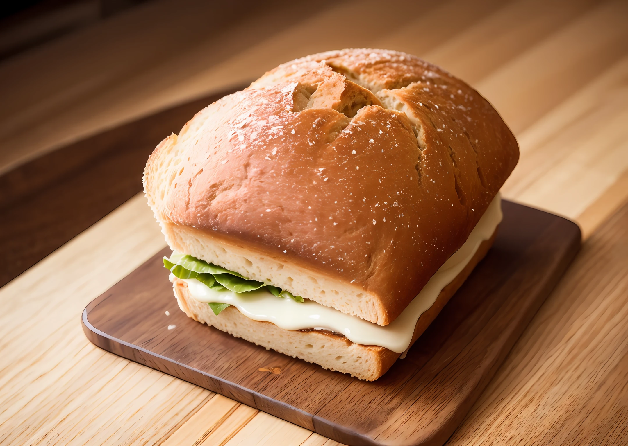 Classic sandwich bread top white, on wood table , natural lighting, photography 400 ISO film grain 30mm lens RAW aperture f1.8, art photographer