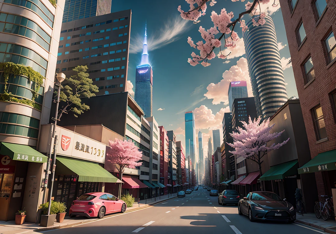 There are many pink trees in the middle of the city streets, the concept art is inspired by Cheng Yanjun, (bustling technology buildings, smart buildings, skyscrapers, lush cherry blossom trees, luxury sports cars, Tesla, supercars, amazing clouds) Breakthrough Fantasy, Masterpieces, Future Cities, CG Social Trends, Digital Art, Beautiful Cityscapes, Ross Trans. Scenery backgrounds, Spring City, anime-style cityscapes, beautiful cities, optimized vistas, exquisite digital artwork, high-definition anime scenery, passers-by dressed in fashion, and the details of characters are also very clear. Ultra realistic. extreme detail, exquisite artwork illustration, beautiful cityscape background, tokyo anime scene. Extremely detailed CG Unity 8k wallpapers, realistic 3D animation style, landscape concept art, super high resolution (realism: 1.4), aesthetics, focus, high quality, vibrant colors, award winning photography, 3D lighting and beautiful movie lighting. Rich details.
