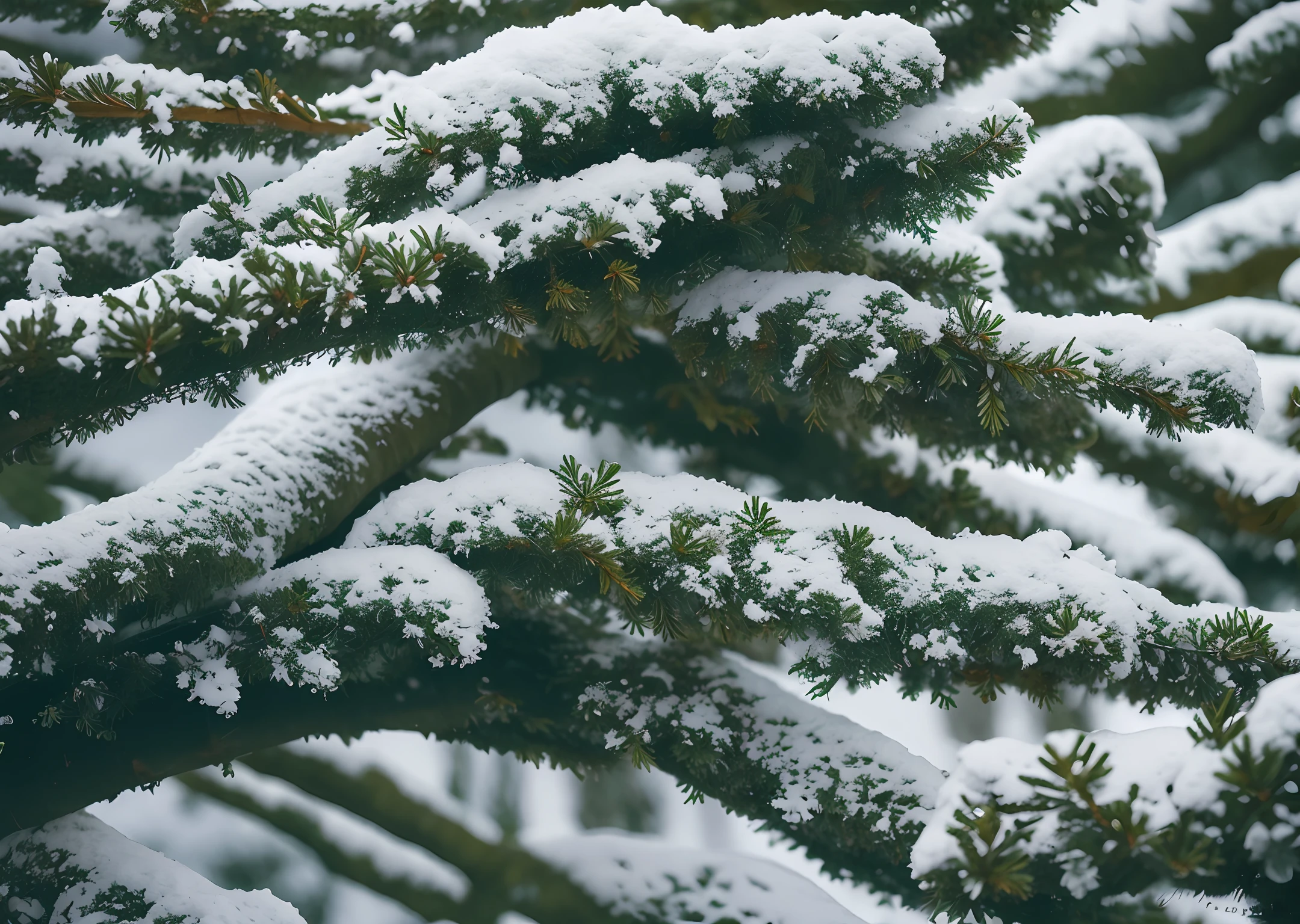 Winter in a spruce forest, spruces covered with white fluffy snow, Selective focus, natural lighting, photography 400 ISO film grain 30mm lens RAW aperture f1.8, art photographer