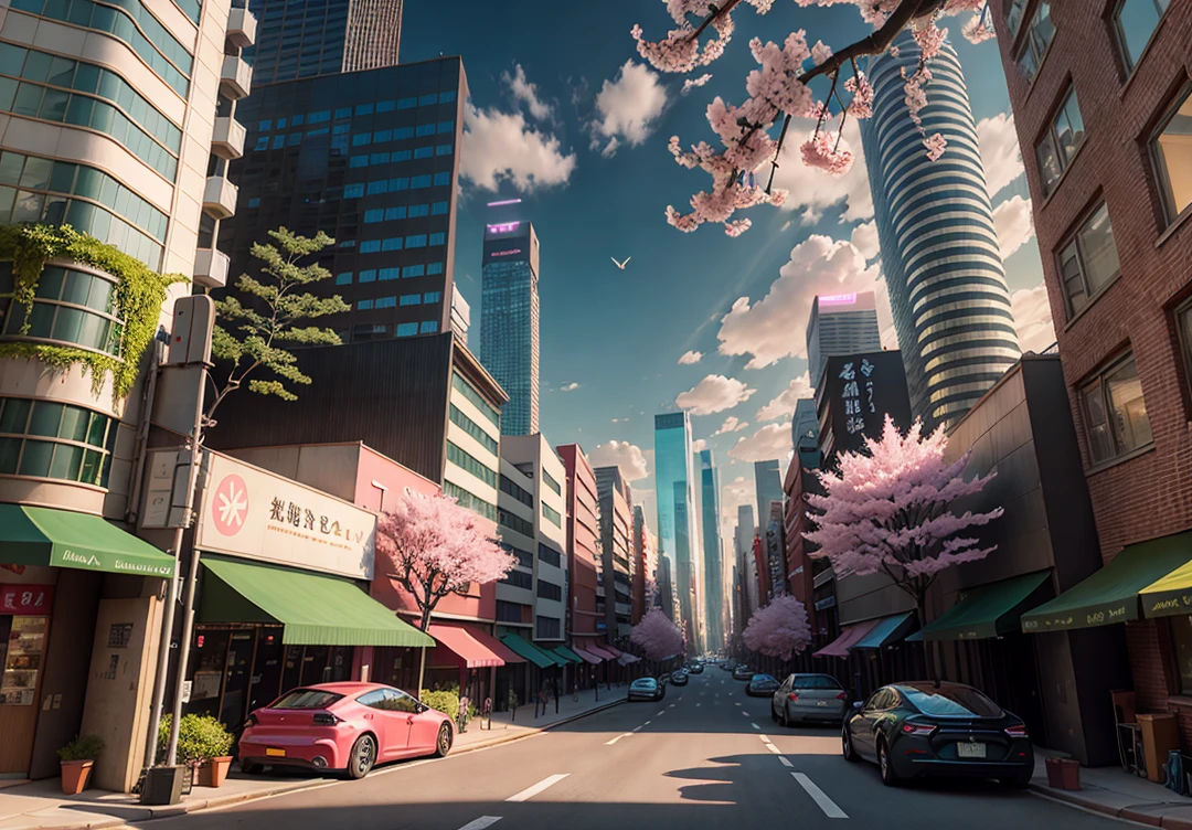 There are many pink trees in the middle of the city streets, the concept art is inspired by Cheng Yanjun, (bustling technology buildings, smart buildings, skyscrapers, lush cherry blossom trees, luxury sports cars, Tesla, supercars, amazing clouds) Breakthrough Fantasy, Masterpieces, Future Cities, CG Social Trends, Digital Art, Beautiful Cityscapes, Ross Trans. Scenery backgrounds, Spring City, anime-style cityscapes, beautiful cities, optimized vistas, exquisite digital artwork, high-definition anime scenery, passers-by dressed in fashion, and the details of characters are also very clear. Ultra realistic. extreme detail, exquisite artwork illustration, beautiful cityscape background, tokyo anime scene. Extremely detailed CG Unity 8k wallpapers, realistic 3D animation style, landscape concept art, super high resolution (realism: 1.4), aesthetics, focus, high quality, vibrant colors, award winning photography, 3D lighting and beautiful movie lighting. Rich details.