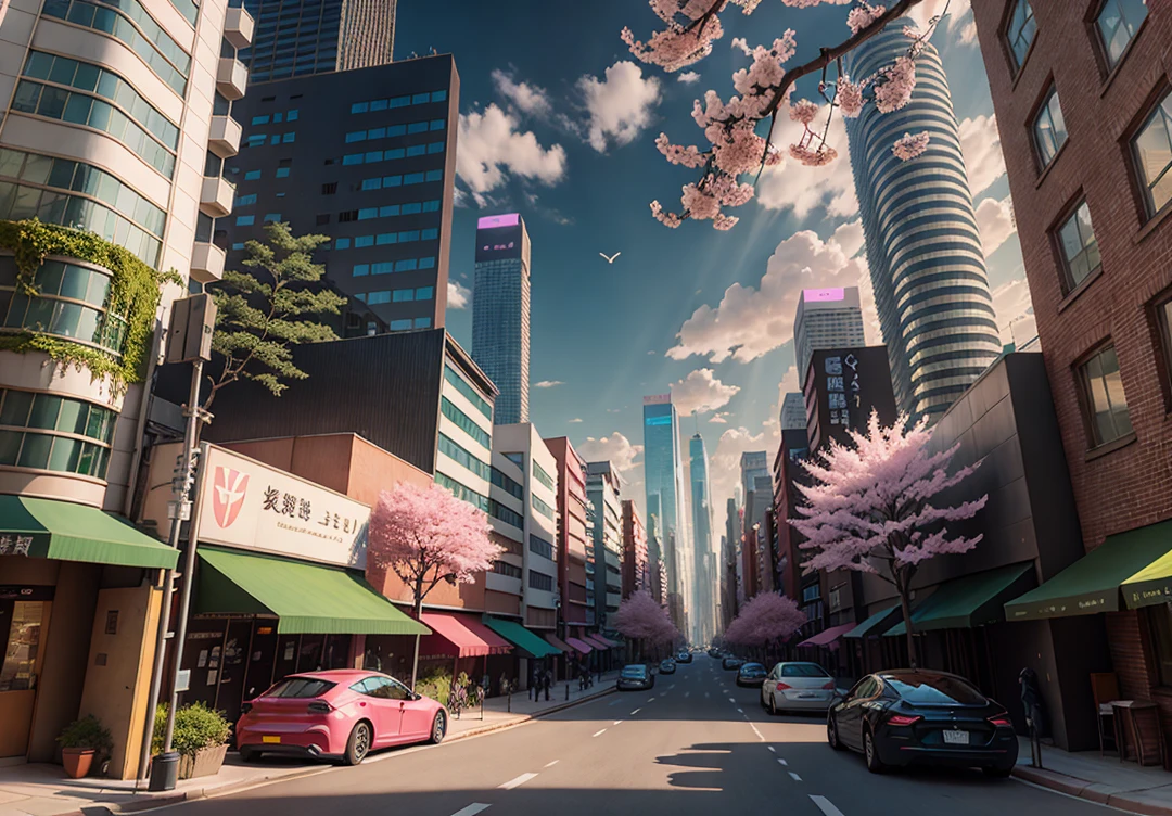 There are many pink trees in the middle of the city streets, the concept art is inspired by Cheng Yanjun, (bustling technology buildings, smart buildings, skyscrapers, lush cherry blossom trees, luxury sports cars, Tesla, supercars, amazing clouds) Breakthrough Fantasy, Masterpieces, Future Cities, CG Social Trends, Digital Art, Beautiful Cityscapes, Ross Trans. Scenery backgrounds, Spring City, anime-style cityscapes, beautiful cities, optimized vistas, exquisite digital artwork, high-definition anime scenery, passers-by dressed in fashion, and the details of characters are also very clear. Ultra realistic. extreme detail, exquisite artwork illustration, beautiful cityscape background, tokyo anime scene. Extremely detailed CG Unity 8k wallpapers, realistic 3D animation style, landscape concept art, super high resolution (realism: 1.4), aesthetics, focus, high quality, vibrant colors, award winning photography, 3D lighting and beautiful movie lighting. Rich details.