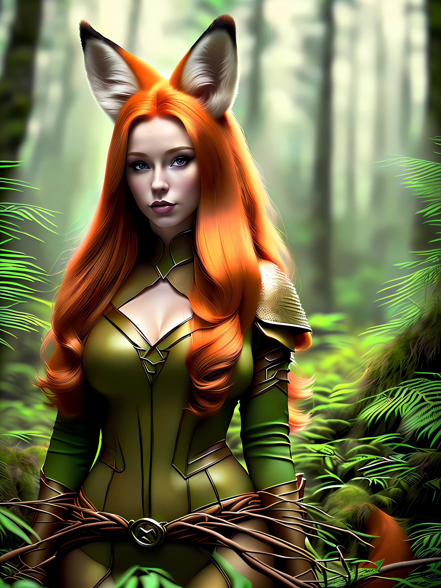 Award winning digital art of a beautiful woman (ginger hair) with fox ears and tail, fur, fully dressed, in a dense forest, fantasy, d&d, masterpiece, best quality, high contrast, pastel Lighting, Backlighting, Bloom, Flash, Chromatic Aberration, Smoothing, Sharp Focus