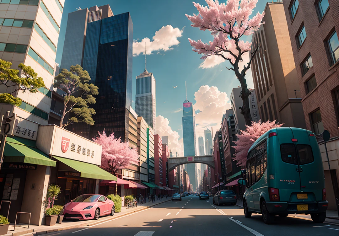 There are many pink trees in the middle of the city streets, the concept art is inspired by Cheng Yanjun, (bustling technology buildings, smart buildings, skyscrapers, lush cherry blossom trees, luxury sports cars, Tesla, supercars, amazing clouds) Breakthrough Fantasy, Masterpieces, Future Cities, CG Social Trends, Digital Art, Beautiful Cityscapes, Ross Trans. Scenery backgrounds, Spring City, anime-style cityscapes, beautiful cities, optimized vistas, exquisite digital artwork, high-definition anime scenery, passers-by dressed in fashion, and the details of characters are also very clear. Ultra realistic. extreme detail, exquisite artwork illustration, beautiful cityscape background, tokyo anime scene. Extremely detailed CG Unity 8k wallpapers, realistic 3D animation style, landscape concept art, super high resolution (realism: 1.4), aesthetics, focus, high quality, vibrant colors, award winning photography, 3D lighting and beautiful movie lighting. Rich details.