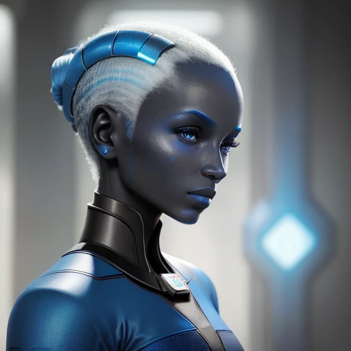 "In this image we see a beautiful blue-skinned Asari up close in a futuristic sci-fi setting."