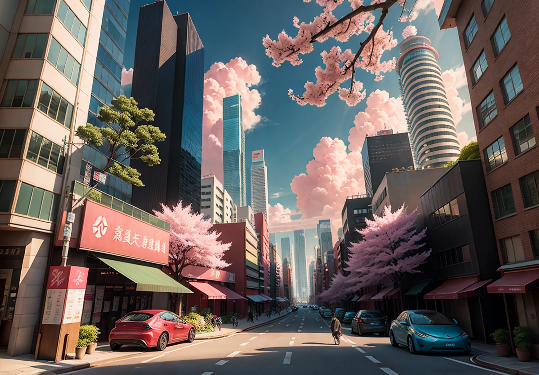There are many pink trees in the middle of the city streets, the concept art is inspired by Cheng Yanjun, (bustling technology buildings, smart buildings, skyscrapers, lush cherry blossom trees, luxury sports cars, Tesla, supercars, amazing clouds) Breakthrough Fantasy, Masterpieces, Future Cities, CG Social Trends, Digital Art, Beautiful Cityscapes, Ross Trans. Scenery background, Spring City, anime-style cityscape, technological buildings, future buildings, future cities, beautiful cities, optimized vistas, exquisite digital artwork, high-definition anime scenery, passers-by dressed in fashion, and the details of characters are also very clear. Ultra realistic. extreme detail, exquisite artwork illustration, beautiful cityscape background, tokyo anime scene. Extremely detailed CG Unity 8k wallpapers, realistic 3D animation style, landscape concept art, super high resolution (realism: 1.4), aesthetics, focus, high quality, vibrant colors, award winning photography, 3D lighting and beautiful movie lighting. Rich details.