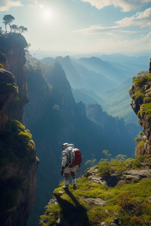 Highly detailed RAW color Photo, close up Rear Angle, Full Body, of (female space soldier dark elf, wearing a tight, white and red space suit, panty linings, accentuated booty), outdoors, (sensually leaning over rocky ledge, looking out at advanced alien structure in space), toned body, big butt, (sci-fi), (mountains:1.1), (lush green vegetation), (two moons in sky:0.8), (highly detailed, hyperdetailed, intricate), (lens flare:0.7), (bloom:0.7), particle effects, raytracing, cinematic lighting, shallow depth of field, photographed on a Sony a9 II, 24mm wide angle lens, sharp focus, cinematic film still from Gravity 2013