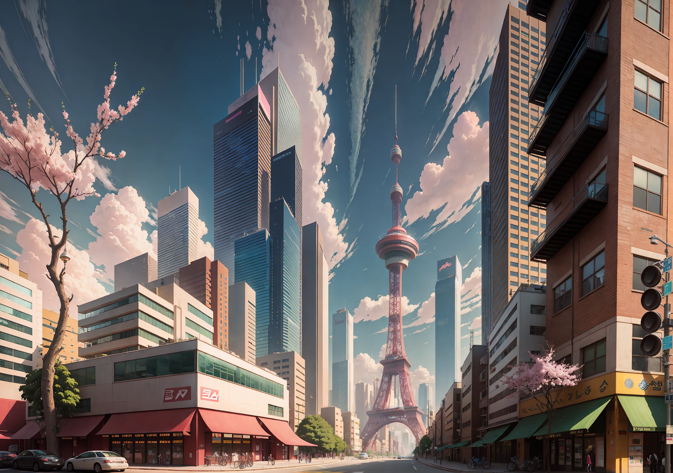 This picture depicts a city with many cherry trees, cherry trees and lush cherry trees. The bustling technology building is beyond imagination. Cherry trees are in full bloom. Pink cherry blossoms are blooming everywhere. There are few passers-by, and the details of the characters are clear. Inspired by Makoto Shinkai's popular concept art and masterpieces on pixiv, vision (wide angle lens), super high resolution (fidelity: 1.4), super high quality, extremely detailed CG Unity 8k wallpapers, aesthetics, award winning photography, real Sensation, high detail, intricacies, beautiful anime scenes and anime style cityscapes. art of travel