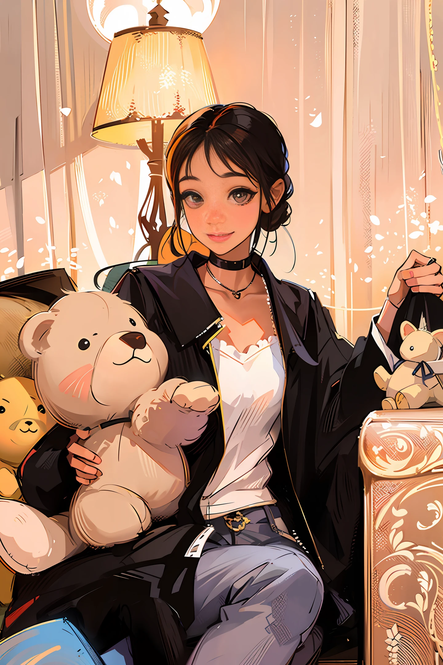There is a woman sitting on the couch with a teddy bear, woman holding more toys, facing the viewer, smiling, no bangs, left hand stroking the soft toy next to it, eyes detail, no teeth, right fingers, correct clothing details