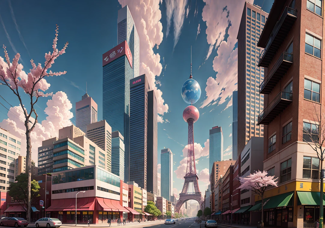 This picture depicts a city with many cherry trees, cherry trees and lush cherry trees. The bustling technology building is beyond imagination. Cherry trees are in full bloom. Pink cherry blossoms are blooming everywhere. There are few passers-by, and the details of the characters are clear. Inspired by Makoto Shinkai's popular concept art and masterpieces on pixiv, vision (wide angle lens), super high resolution (fidelity: 1.4), super high quality, extremely detailed CG Unity 8k wallpapers, aesthetics, award winning photography, real Sensation, high detail, intricacies, beautiful anime scenes and anime style cityscapes. art of travel