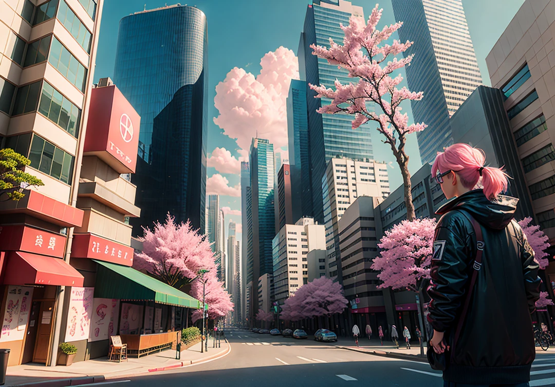 There are many pink trees in the middle of the city streets, the concept art is inspired by Cheng Yanjun, (bustling technology buildings, smart buildings, skyscrapers, lush cherry blossom trees, luxury sports cars, Tesla, supercars, amazing clouds) Breakthrough Fantasy, Masterpieces, Future Cities, CG Social Trends, Digital Art, Beautiful Cityscapes, Ross Trans. Scenery background, Spring City, anime-style cityscape, technological buildings, future buildings, future cities, beautiful cities, optimized vistas, exquisite digital artwork, high-definition anime scenery, passers-by dressed in fashion, and the details of characters are also very clear. Ultra realistic. extreme detail, exquisite artwork illustration, beautiful cityscape background, tokyo anime scene. Extremely detailed CG Unity 8k wallpapers, realistic 3D animation style, landscape concept art, super high resolution (realism: 1.4), aesthetics, focus, high quality, vibrant colors, award winning photography, 3D lighting and beautiful movie lighting. Rich details.