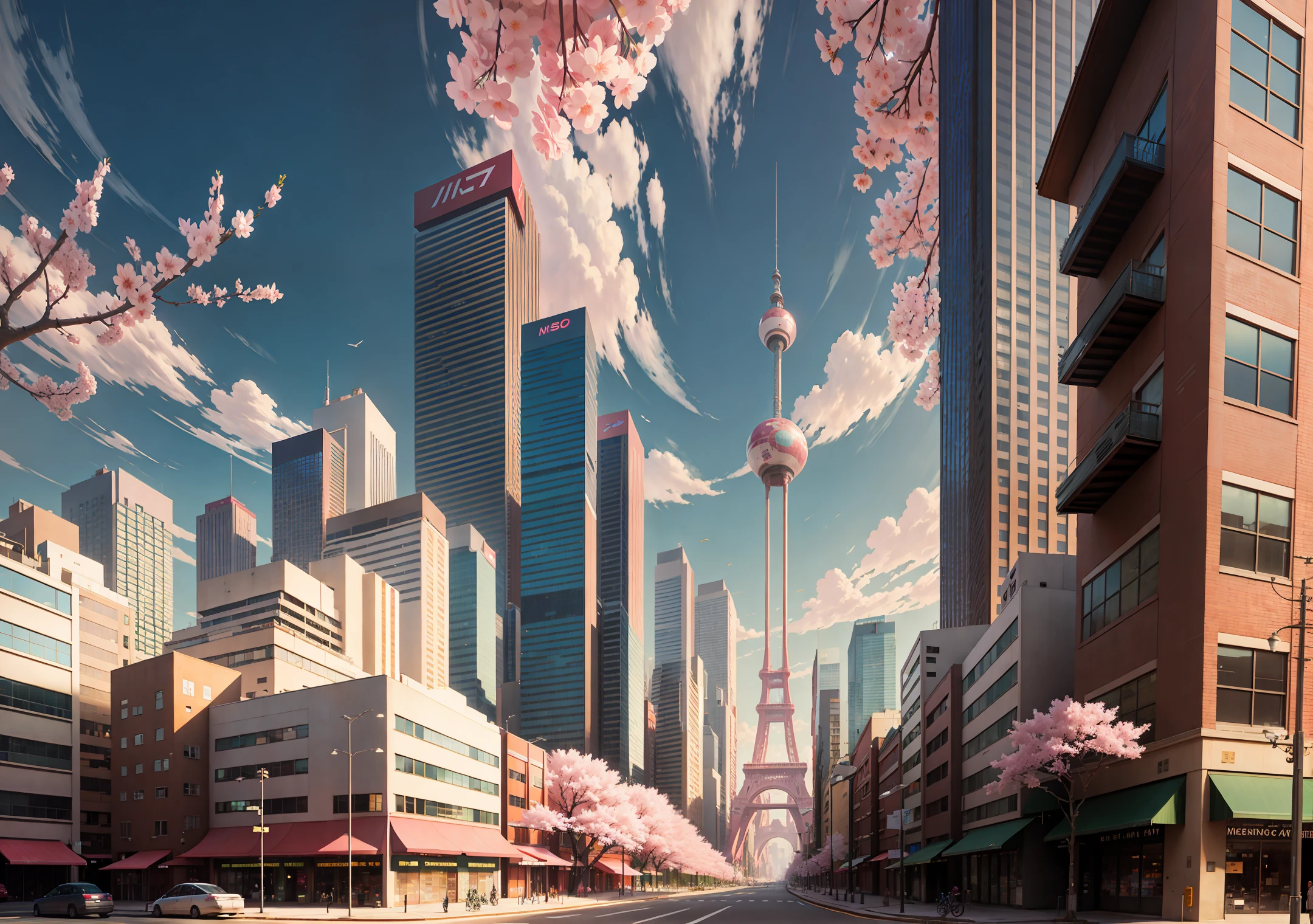This picture depicts a city with many cherry trees, cherry trees and lush cherry trees. The bustling technology building is beyond imagination. Cherry trees are in full bloom. Pink cherry blossoms are blooming everywhere. There are few passers-by, and the details of the characters are clear. Inspired by Makoto Shinkai's popular concept art and masterpieces on pixiv, vision (wide angle lens), super high resolution (fidelity: 1.4), super high quality, extremely detailed CG Unity 8k wallpapers, aesthetics, award winning photography, real Sensation, high detail, intricacies, beautiful anime scenes and anime style cityscapes. art of travel