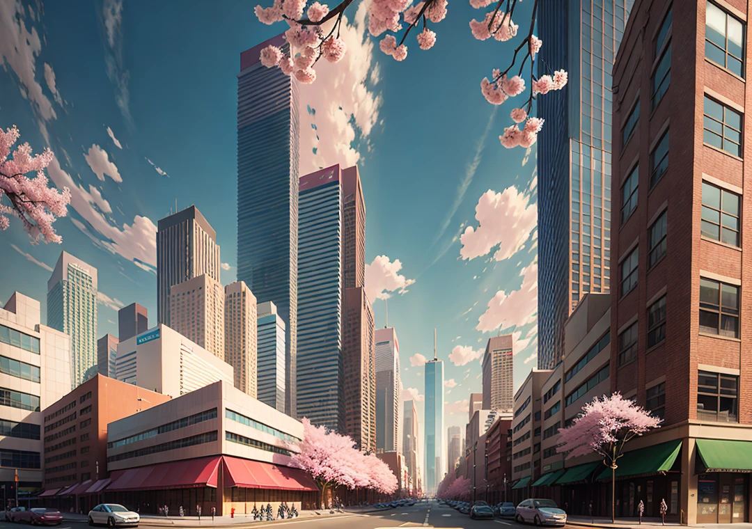 This picture depicts a city with many cherry trees, cherry trees and lush cherry trees. The bustling technology building is beyond imagination. Cherry trees are in full bloom. Pink cherry blossoms are blooming everywhere. There are few passers-by, and the details of the characters are clear. Inspired by Makoto Shinkai&#39;s popular concept art and masterpieces on pixiv, vision (wide angle lens), super high resolution (fidelity: 1.4), super high quality, extremely detailed CG Unity 8k wallpapers, aesthetics, award winning photography, real Sensation, high detail, intricacies, beautiful anime scenes and anime style cityscapes. art of travel