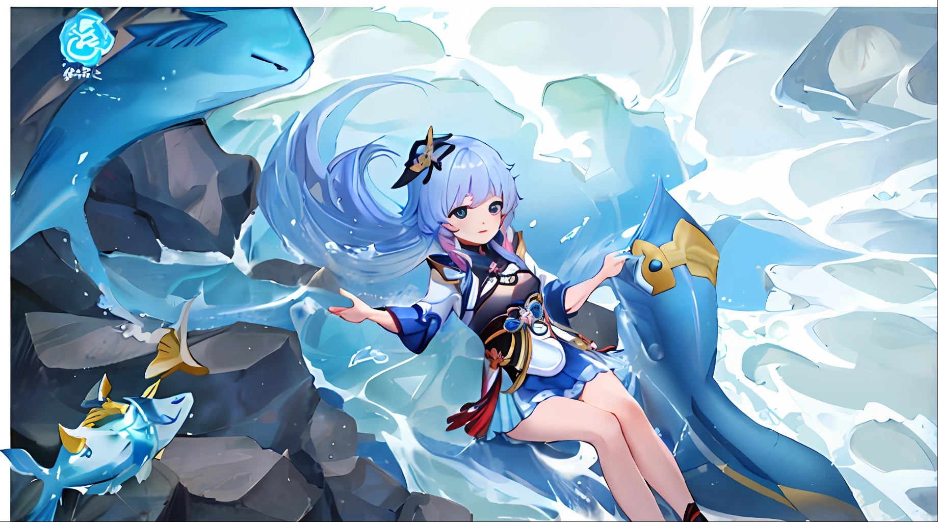 a close up of a cartoon character with a fish in the background, ayaka genshin impact, queen of the sea mu yanling, splash art anime loli, ayaka game genshin impact, luminous water elemental, keqing from genshin impact, water element, makes the sea area glowing water, in the sea, magical ocean