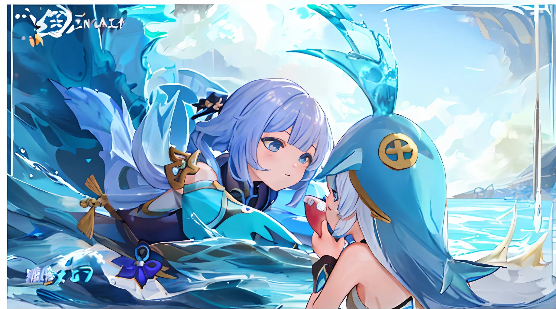 a close up of a cartoon character with a fish in the background, ayaka genshin impact, queen of the sea mu yanling, splash art anime loli, ayaka game genshin impact, luminous water elemental, keqing from genshin impact, water element, makes the sea area glowing water, in the sea, magical ocean