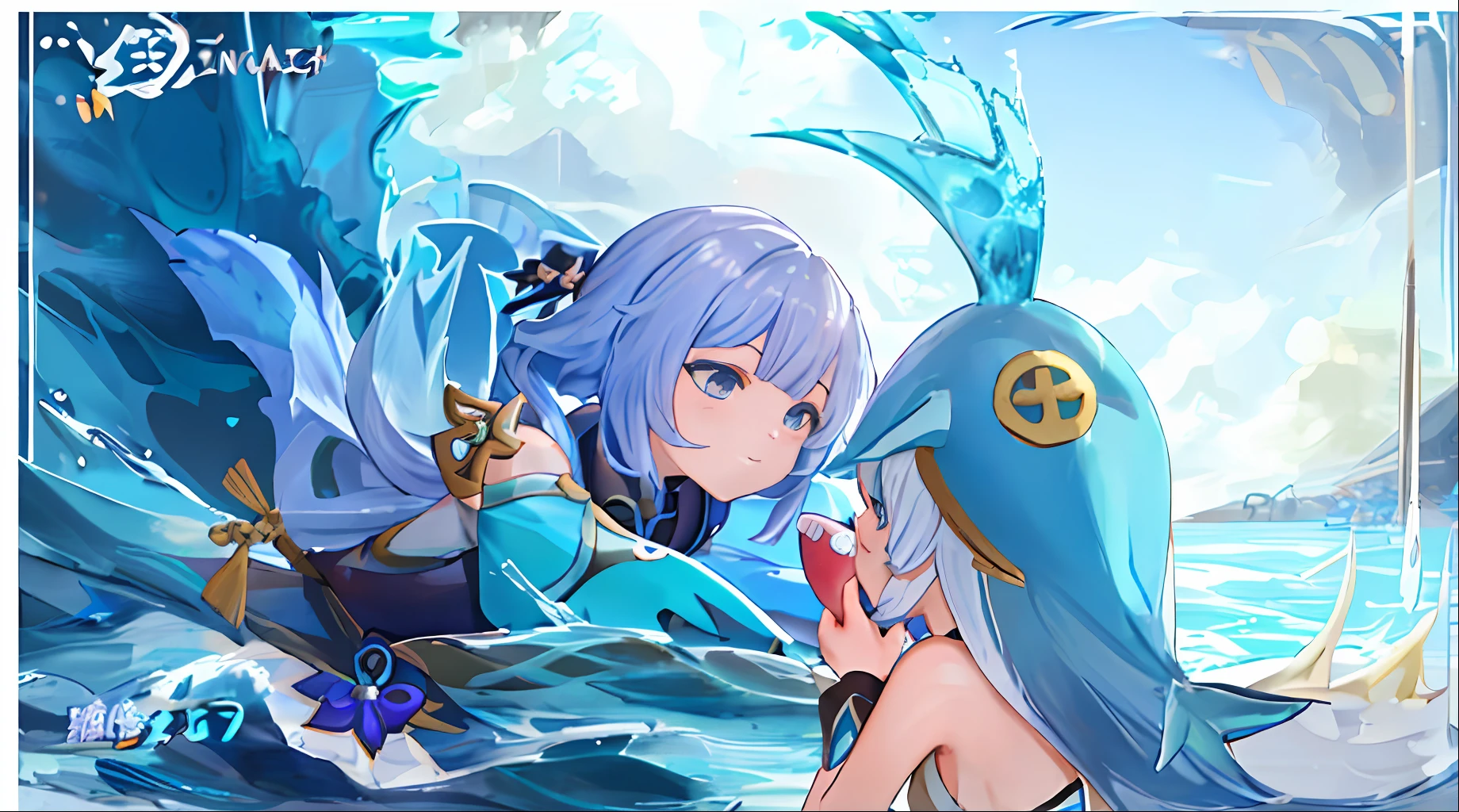 a close up of a cartoon character with a fish in the background, ayaka genshin impact, queen of the sea mu yanling, splash art anime , ayaka game genshin impact, luminous water elemental, keqing from genshin impact, water element, makes the sea area glowing water, in the sea, magical ocean