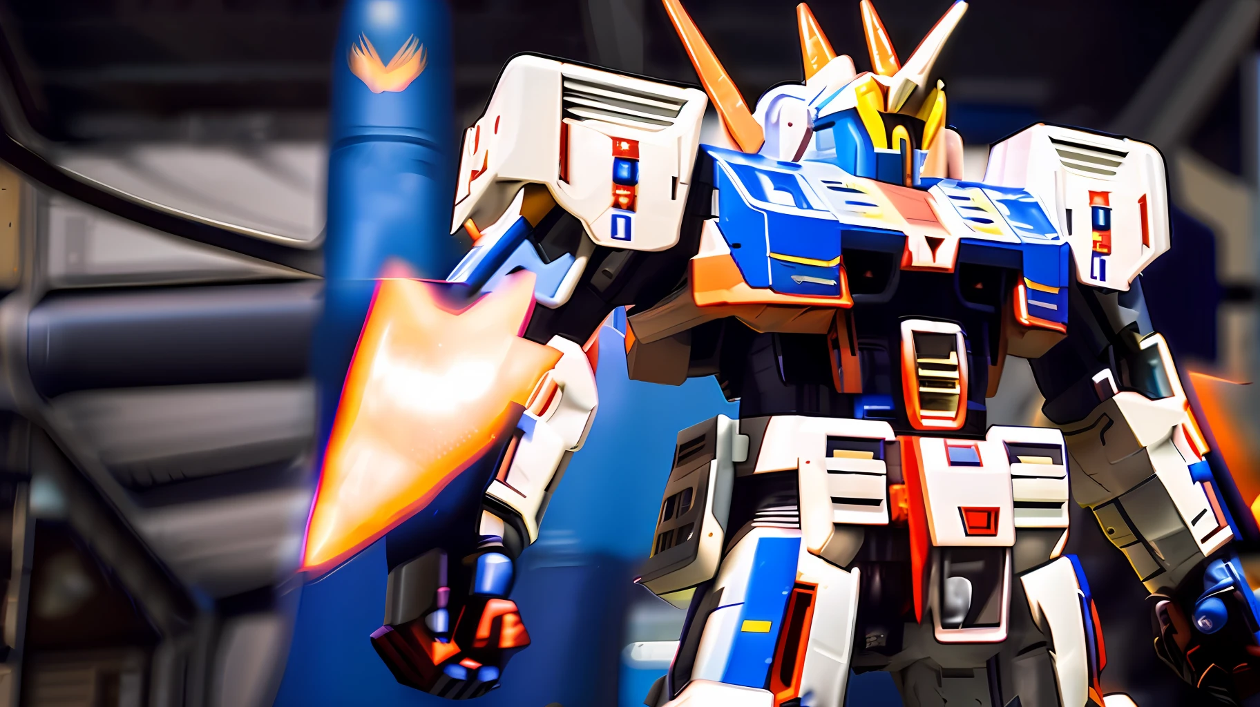 Focus Upper Body of Gundam with exposing mechanical parts in red blue white theme with background in a spaceship hangar