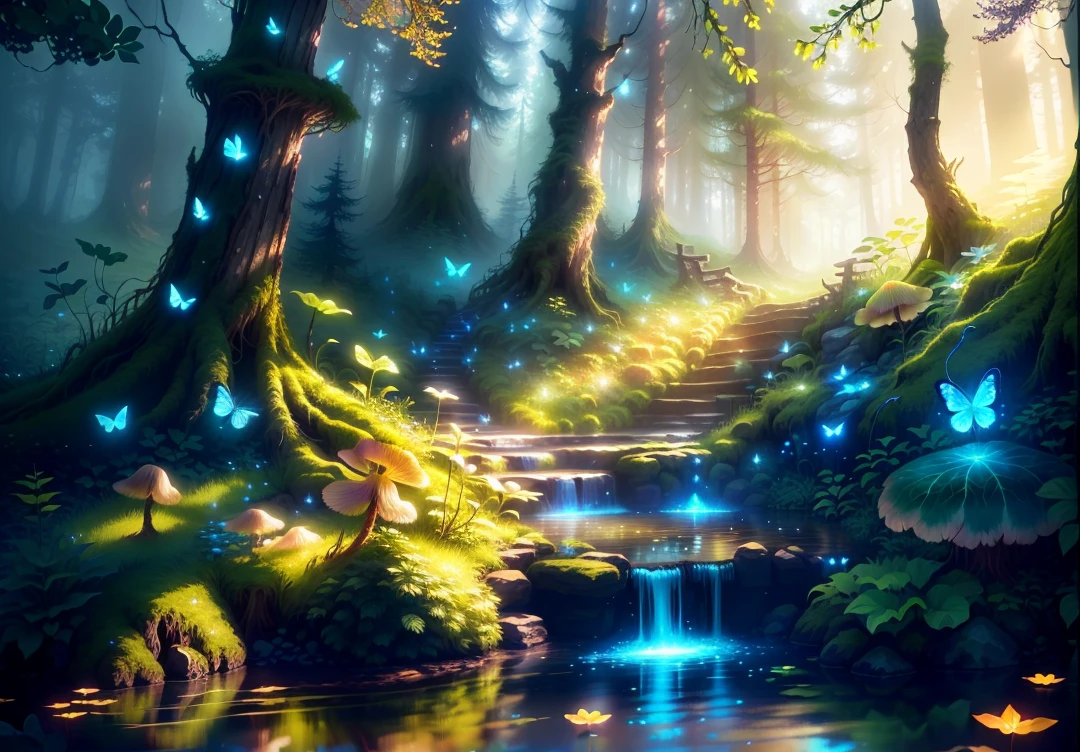 Magical forest background, fantasy forest landscape, there is a stream running through the forest with dense trees, verdant John 8k forest, exquisite and charming magic fairy kingdom, fantasy fantasy forest, colorful digital art, captivating Fairy Kingdom Forest, the fascinating magic forest scenery, is waiting for your exploration here.