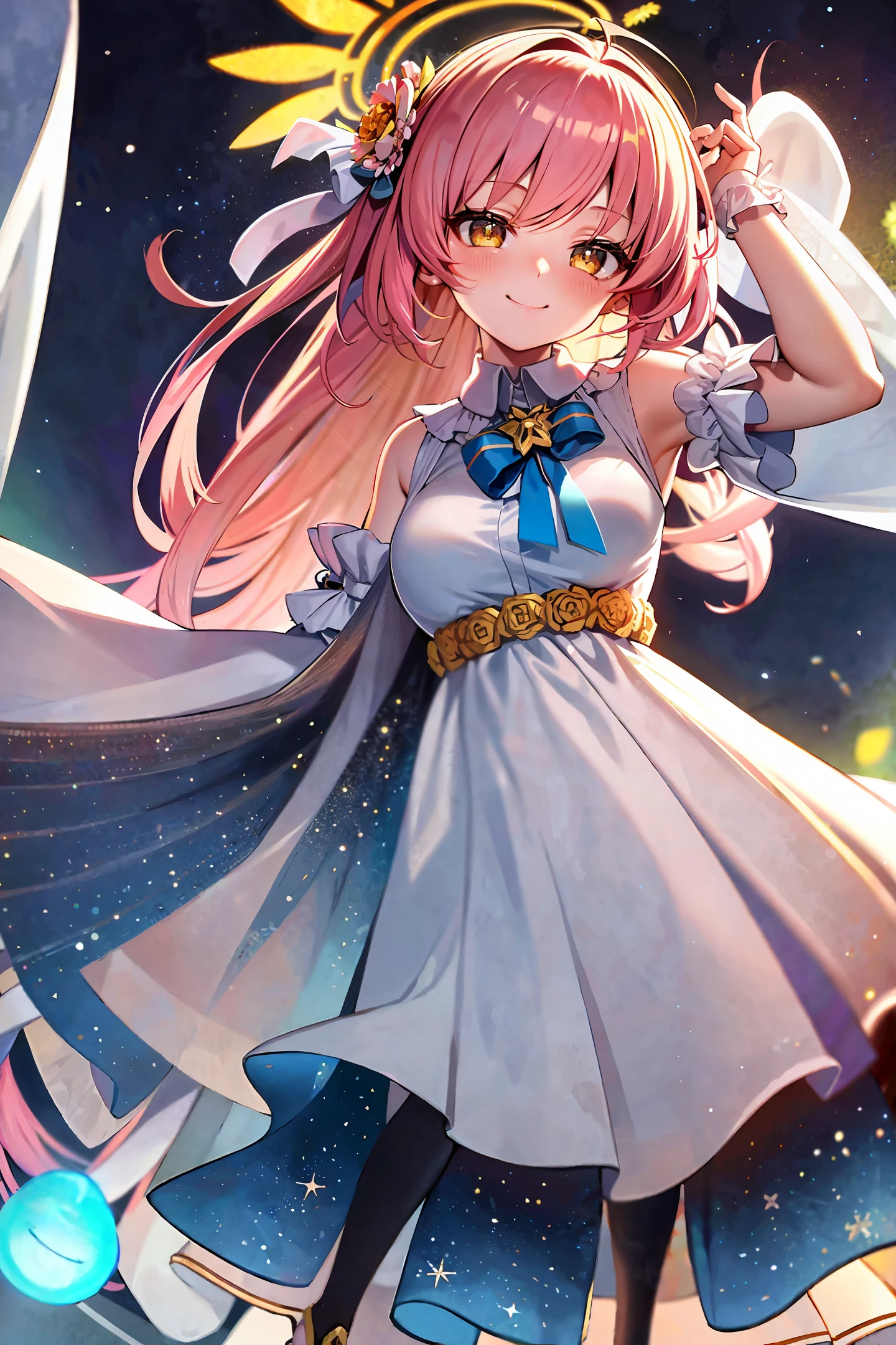 masterpiece, high quality, high resolution, ridiculous, mika, 1girl, halo, wings, bangs, yellow eyes, pink hair, long hair, hair flowers, hair accessories, medium breasts, white dress, headband, shawl, blue bow tie, looking at viewer, solo, close-up, blushing, smiling