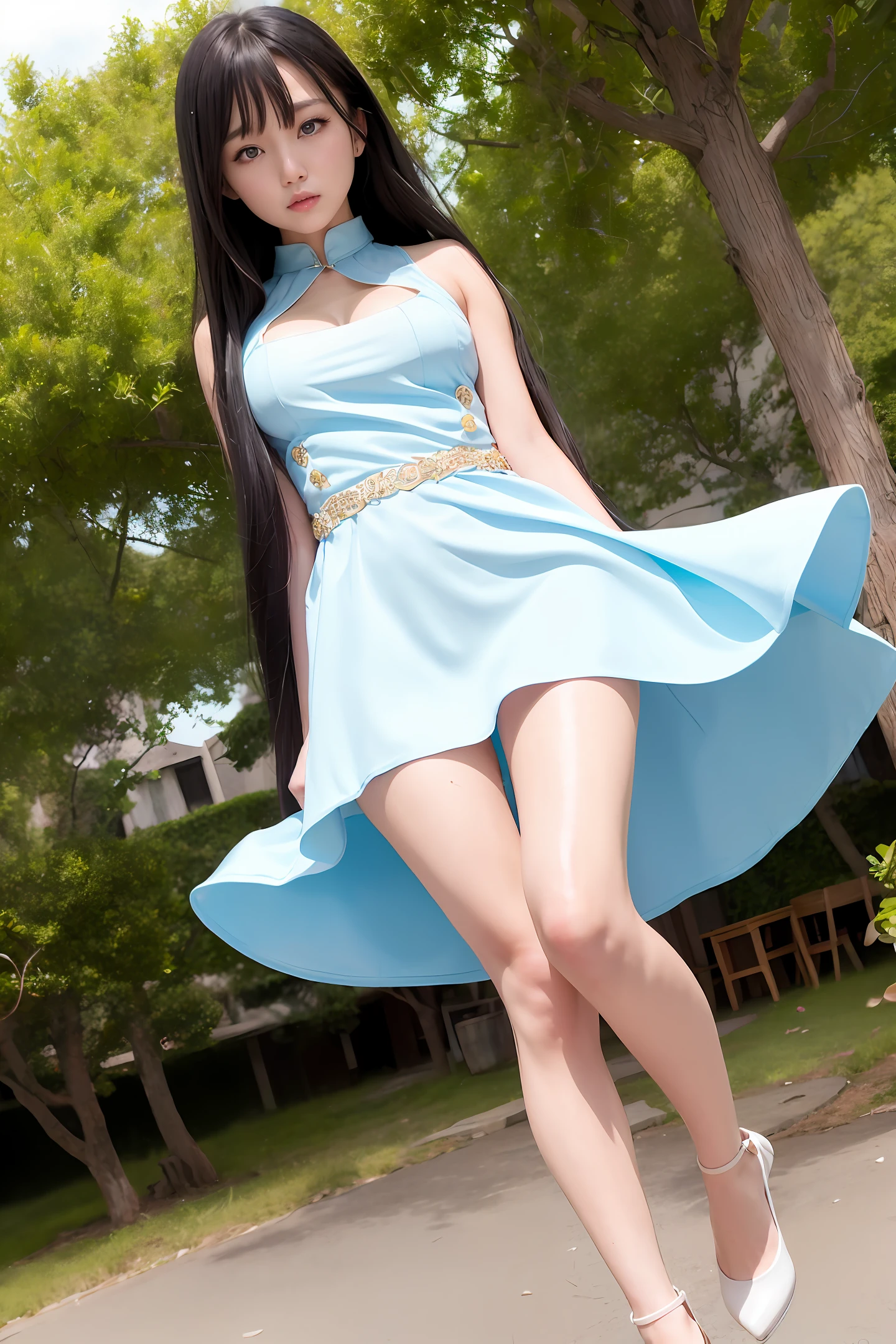 (Soul Land, Xiao Wu), high quality, dynamic action, (1girl), (blue eyes) + (black long hair), white dress, exquisite and charming, [(soul power, purple), (soul power, gold coins), (soul power, blue): 0.7], [: (floating islands, beautiful clouds, glowing soul power, dramatic lighting): 0.5]