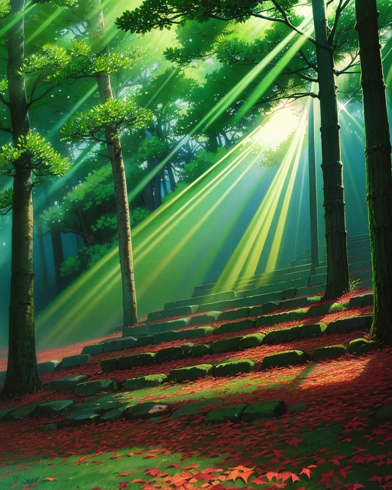 @Spirited, beautiful of forest with falling leaves and light rays