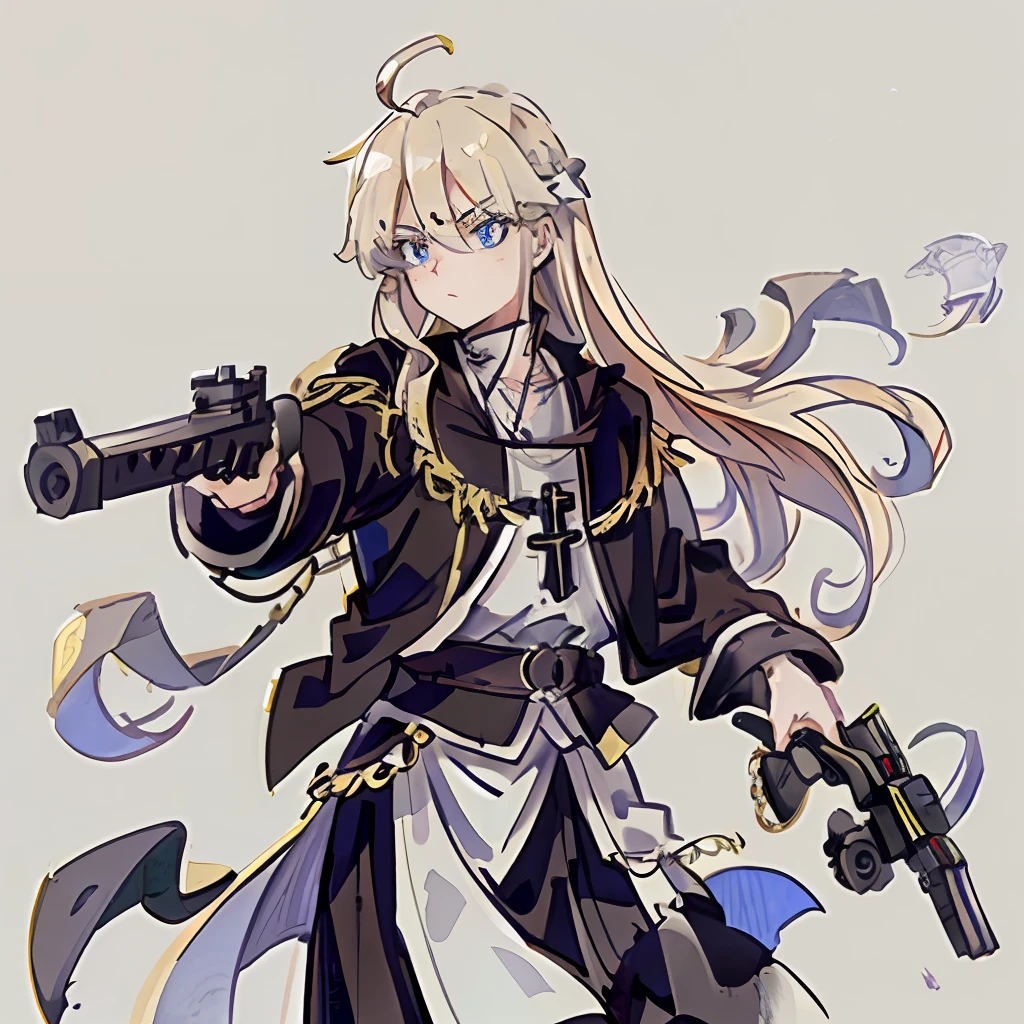 Young priest/blonde hair/male/dark robe/dark suit/white shirt/cross necklace/revolver/golden eyebrows/blue eyes/looking up/medium close-up/fighting/holding a gun/western street/Mexico