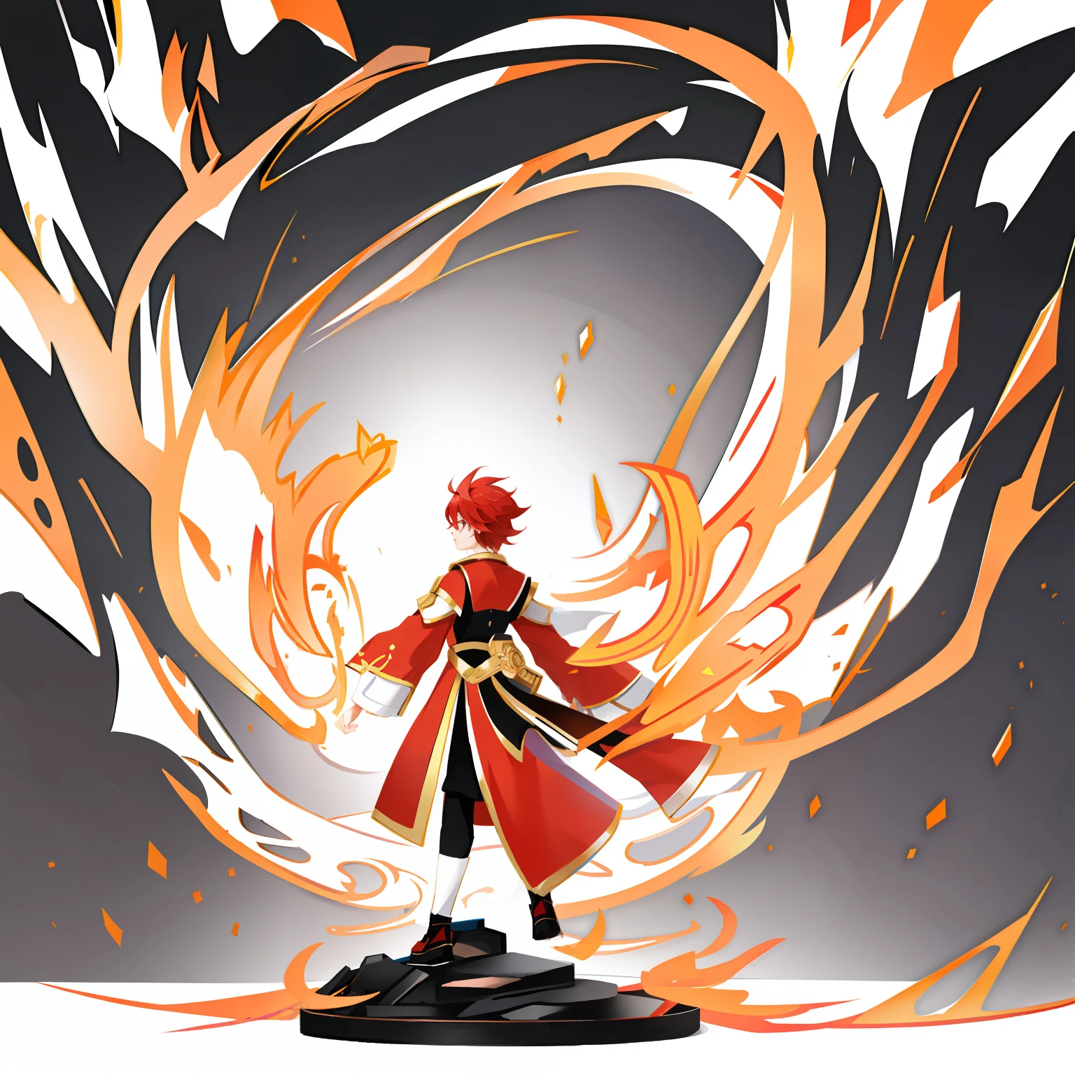 Splash screen, rotating background, dynamic scene, 1boy, male, young mage, (face, eyes wide open: 1.5), elegant ornate robe, magic, fantasy, red theme, (magma: 1.3), lava, volcano, rubble (Same character, front, side, back), white background! (Full Body) Side View, Rear View, Full Body, Detailed Character Templates