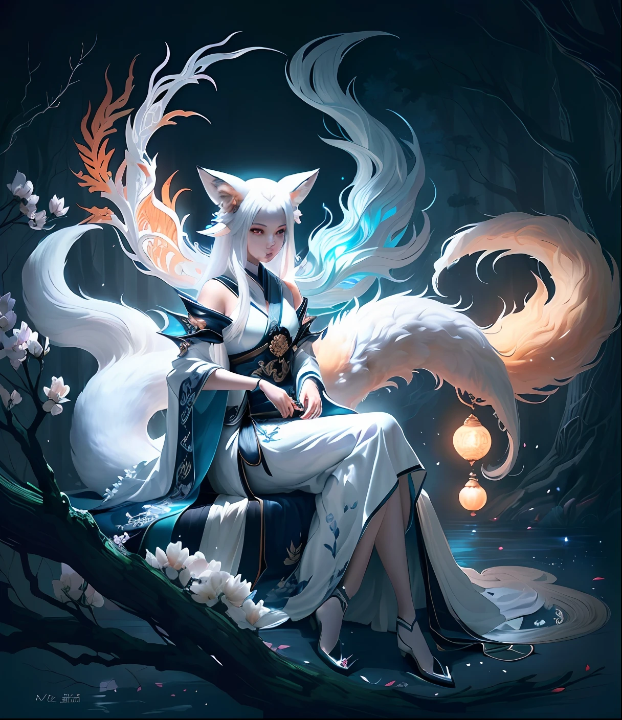 Drawing of a fox with white hair sitting on a branch, ethereal fox, nine-tailed fox, fox three-tailed fox, onmyoji detailed art, nine-tailed, beautiful artwork illustration, mythological creature, fox, beautiful Digital artwork, exquisite digital illustrations, mizutsune, inspired by mythical creatures Wildnet, digital art on pixiv, strong light, high contrast, horror movie theme, dark atmosphere