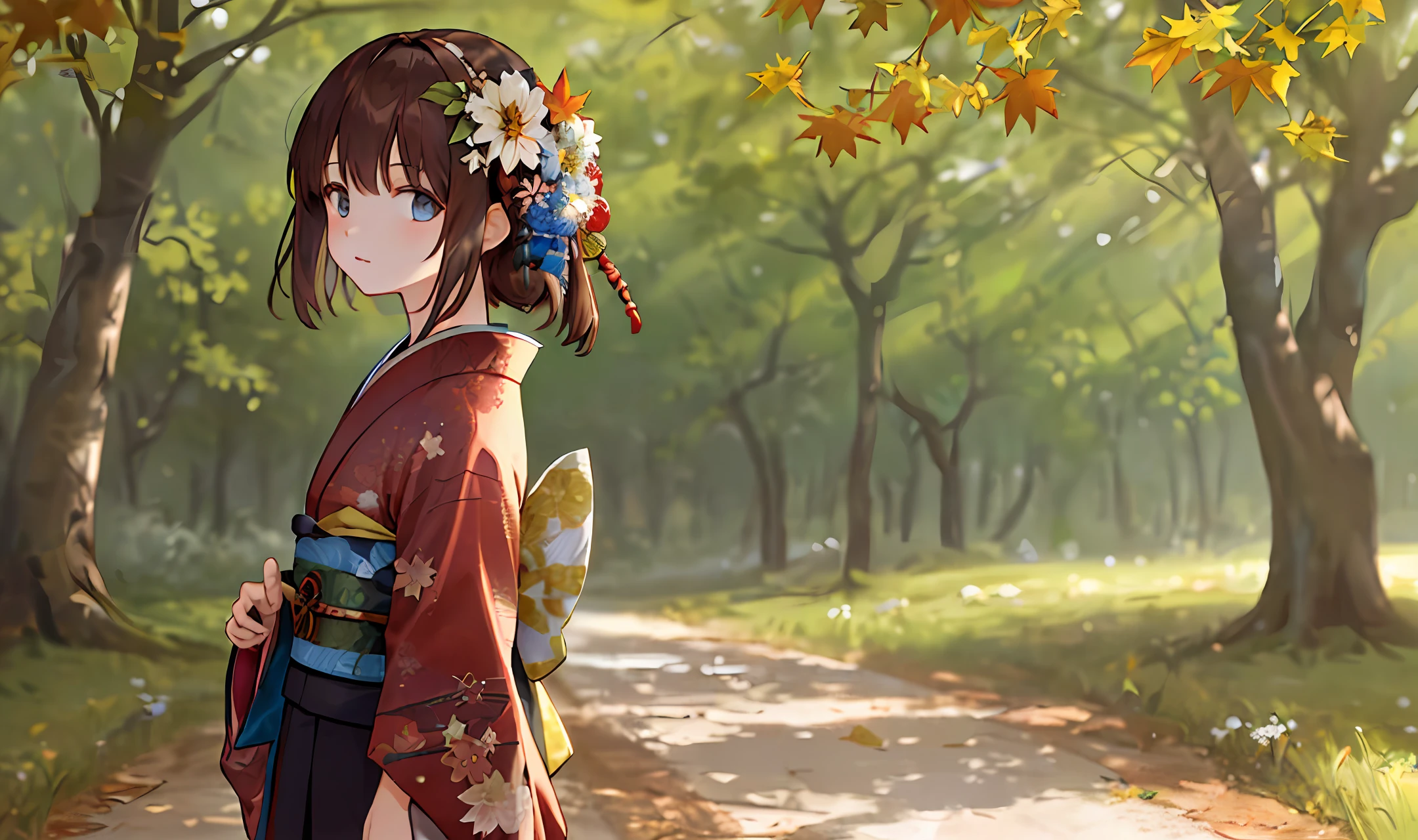 ((masterpiece,best quality)),1girl, bangs, blue eyes, blurred background, tree branches, brown hair, dappled sunlight, flowers, from the side, hair flowers, hair accessories, Japanese clothes, kimono, leaves, (maple leaves: 1.9 ), belt, outdoors, belt, solo, sunlight, upper body