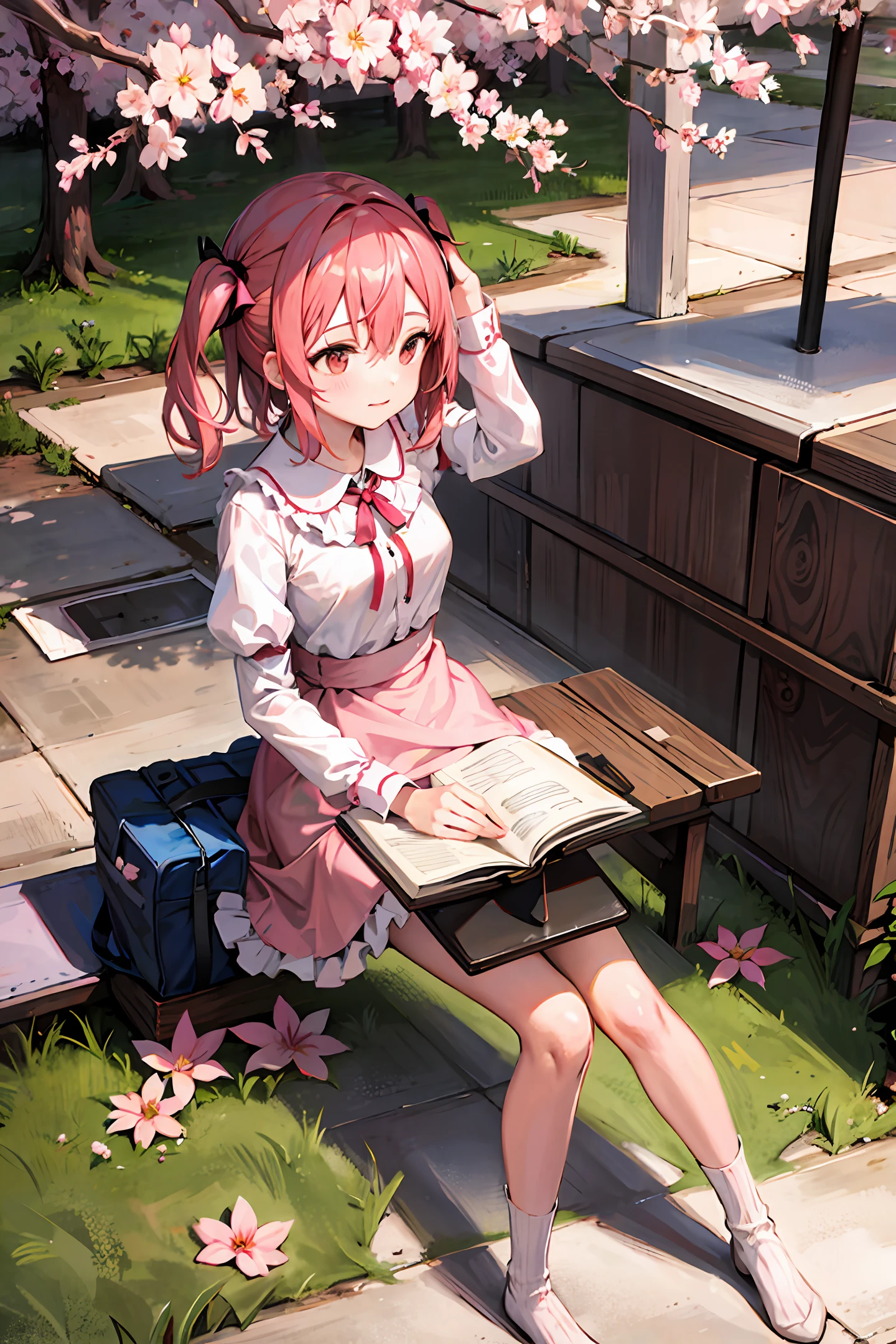 A surrealistic woman is sitting down under the dreamy pink cherry blossom leaves falling down. The background is brown.