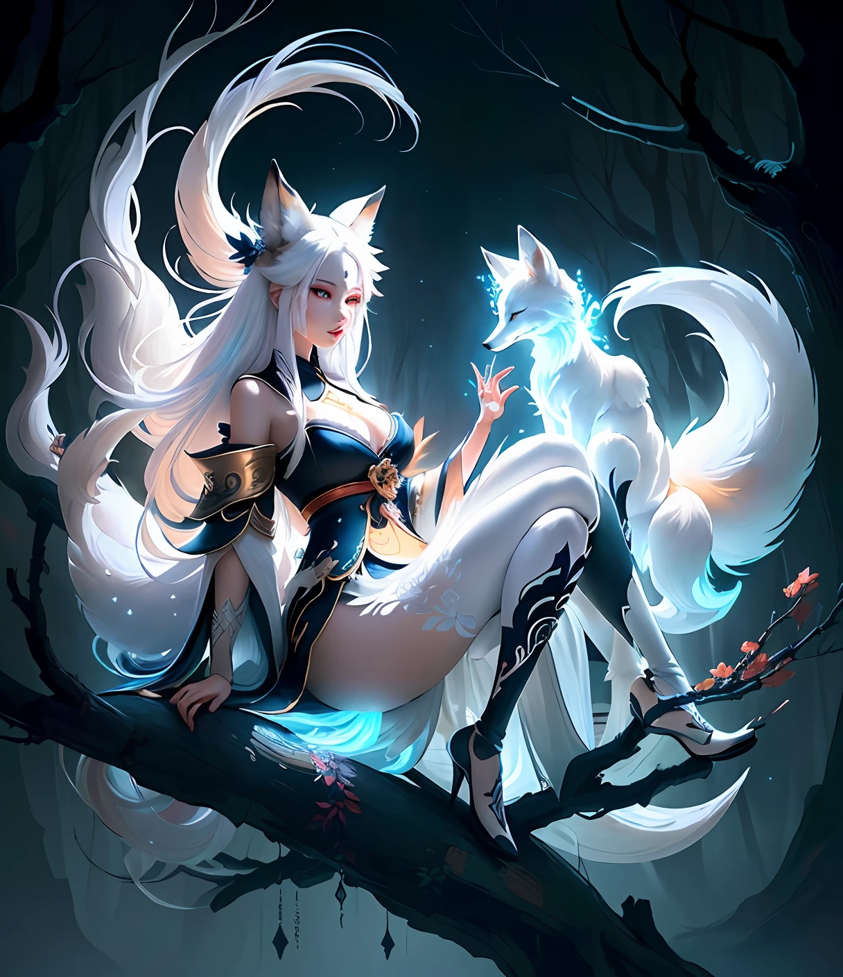 Drawing of a fox with white hair sitting on a branch, ethereal fox, nine-tailed fox, fox three-tailed fox, onmyoji detailed art, nine-tailed, beautiful artwork illustration, mythological creature, fox, beautiful Digital artwork, exquisite digital illustrations, mizutsune, inspired by mythical creatures Wildnet, digital art on pixiv, strong light, high contrast, horror movie theme, dark atmosphere